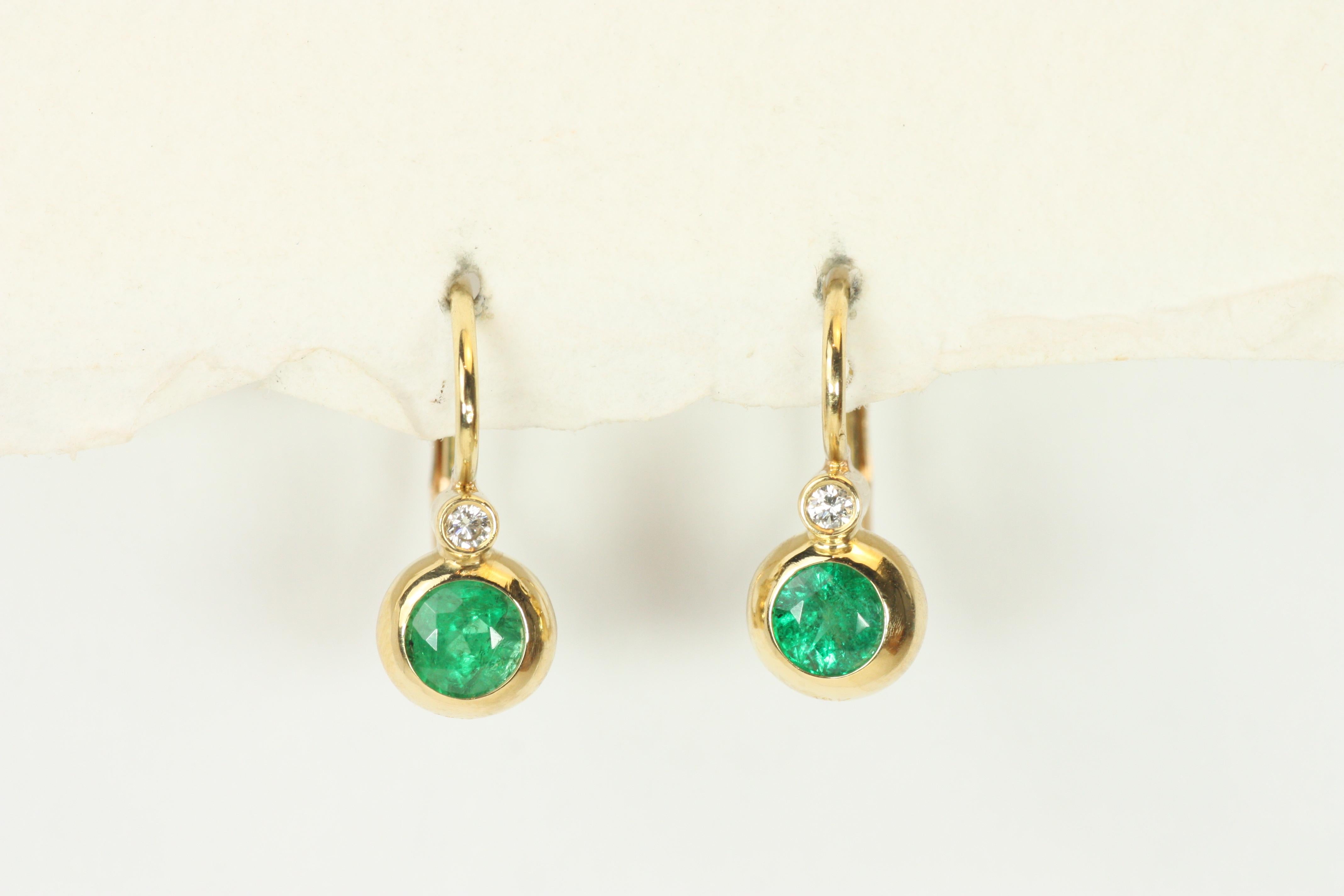 Artisan Victorian Bezel Earrings with Emerald and Diamond in 18K Yellow Gold by Bracken For Sale