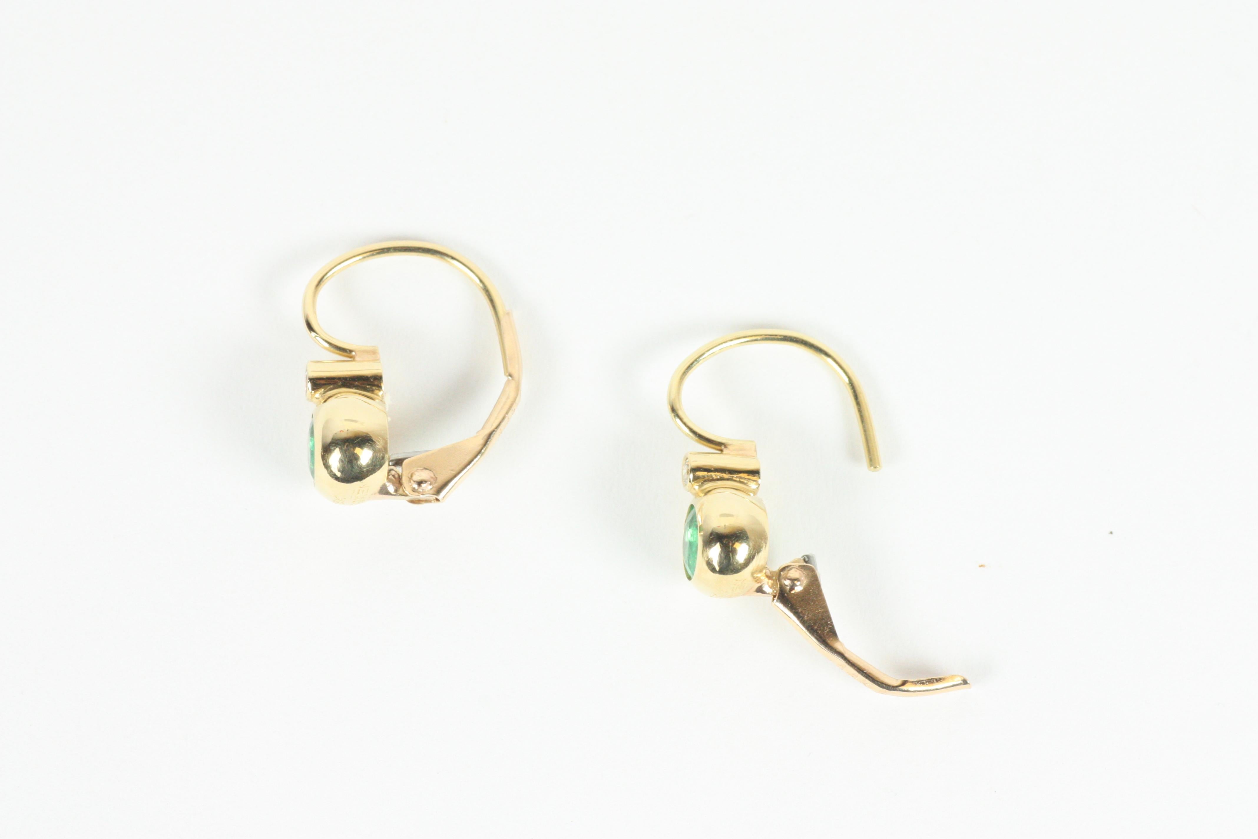 Victorian Bezel Earrings with Emerald and Diamond in 18K Yellow Gold by Bracken In New Condition For Sale In Santa Monica, CA