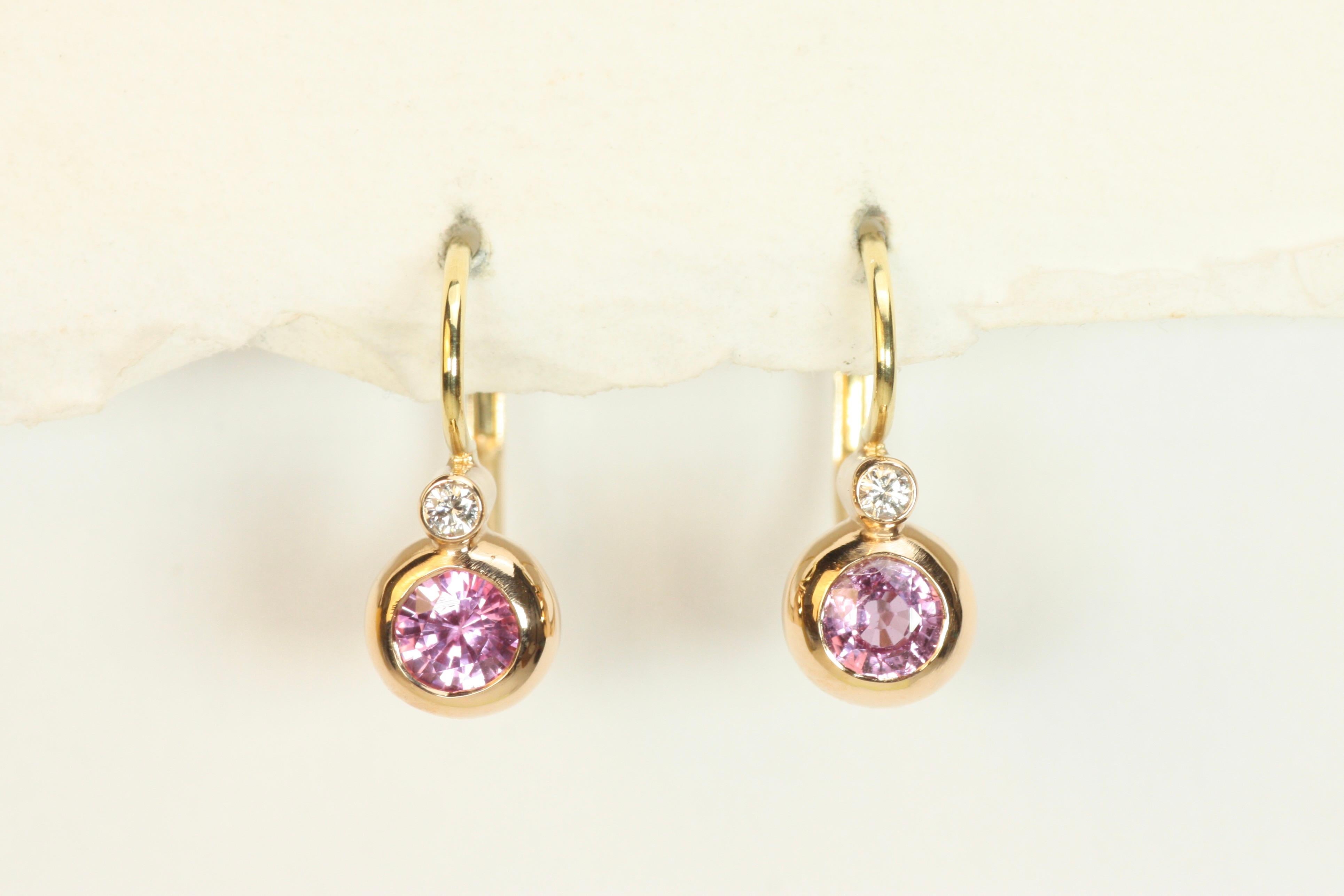 Artisan Victorian Bezel Earrings with Pink Sapphires & Diamonds in 18K Rose Gold For Sale