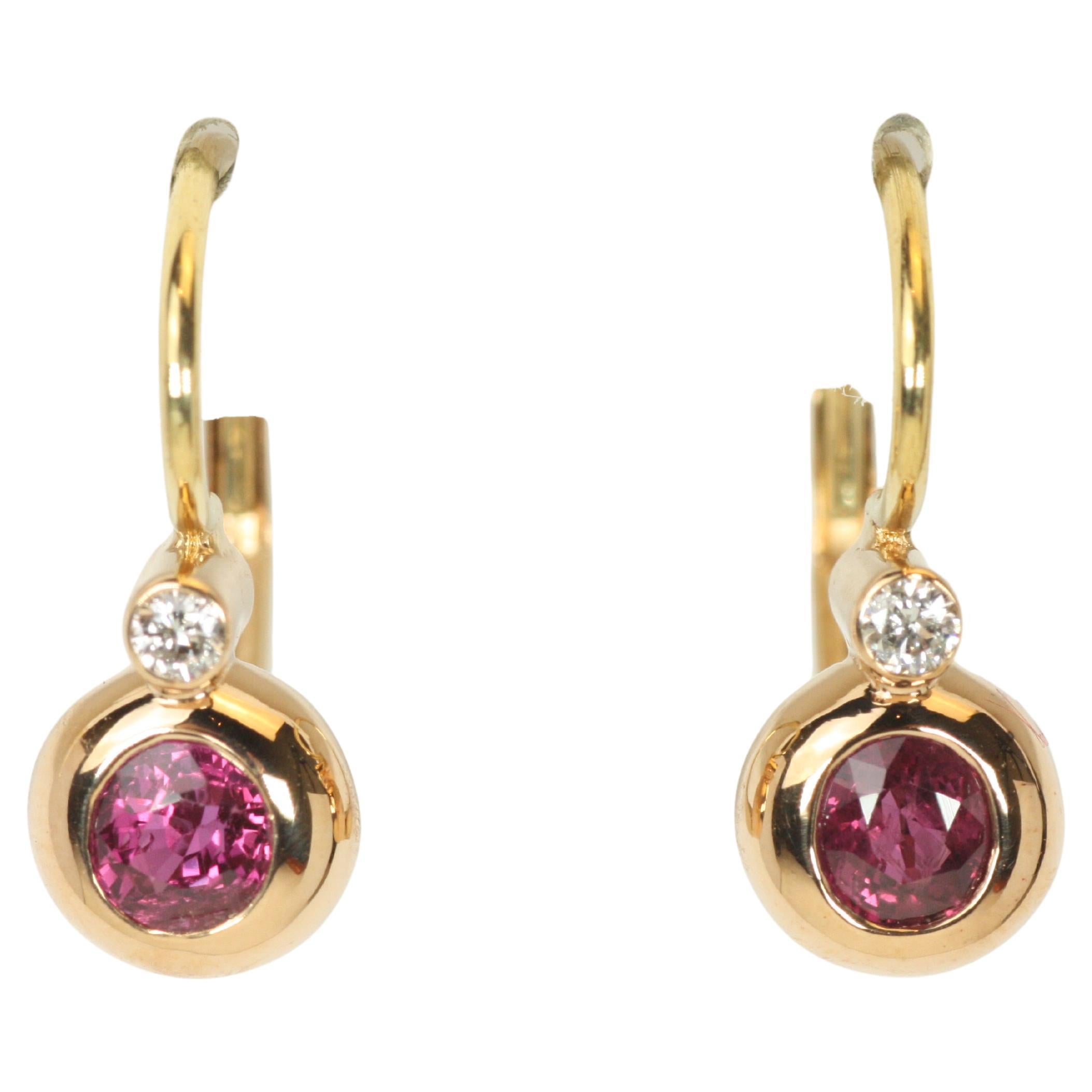Artisan Victorian Bezel Earrings with Ruby & Diamond in 18K Rose Gold, 14K French Backs For Sale