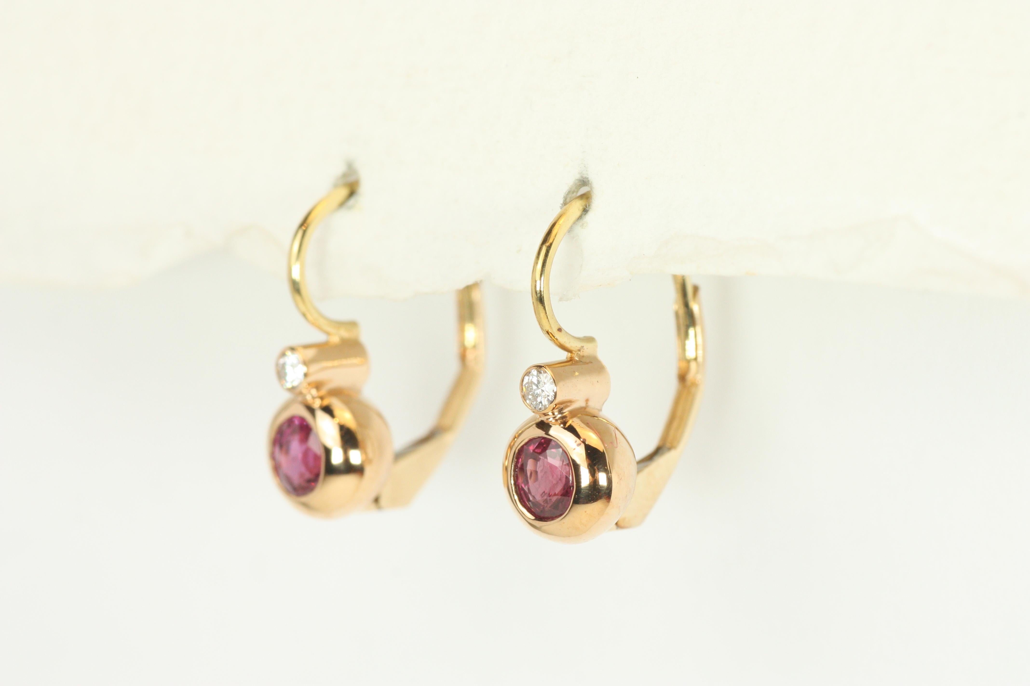 Round Cut Victorian Bezel Earrings with Ruby & Diamond in 18K Rose Gold, 14K French Backs For Sale