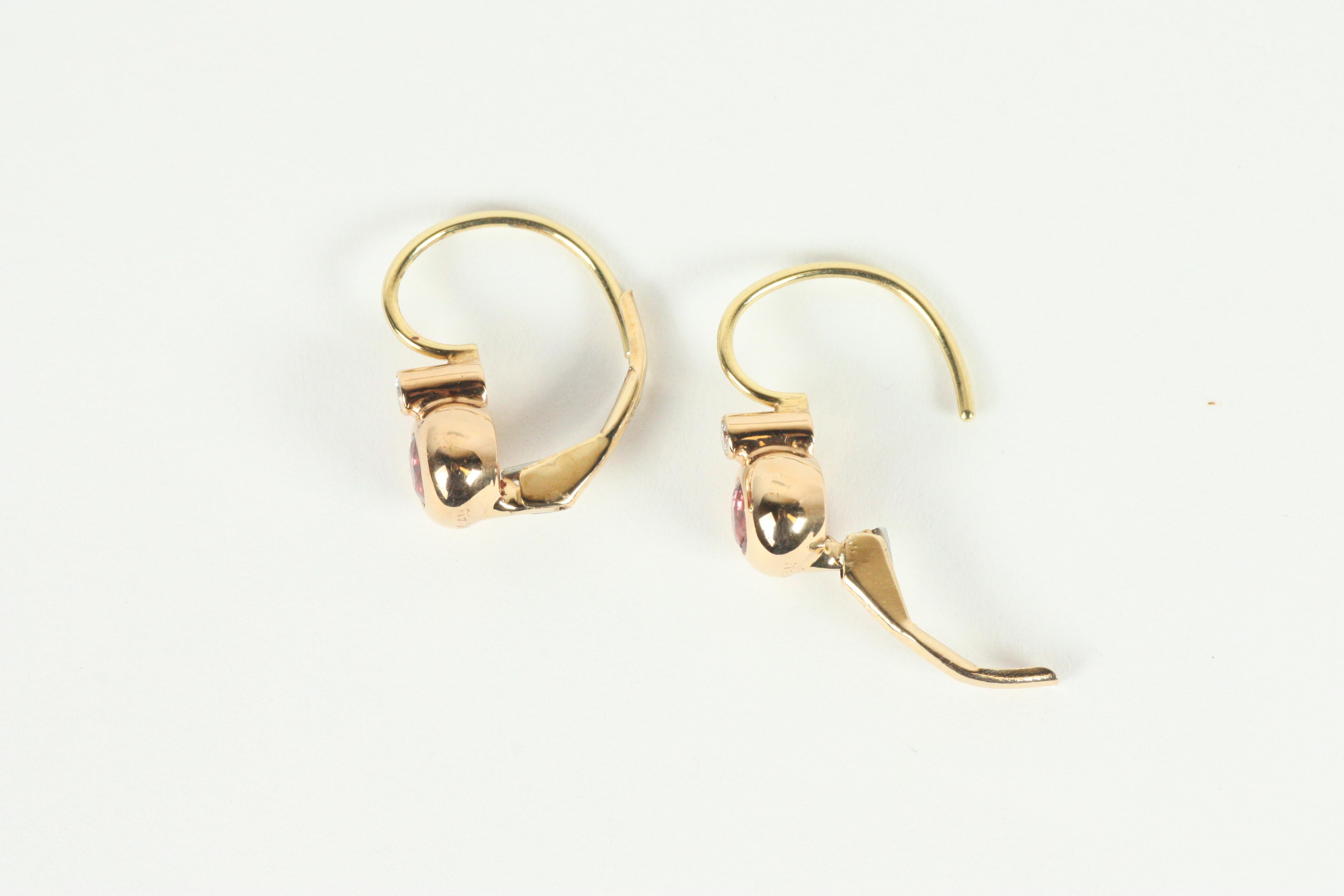 Victorian Bezel Earrings with Ruby & Diamond in 18K Rose Gold, 14K French Backs In New Condition For Sale In Santa Monica, CA