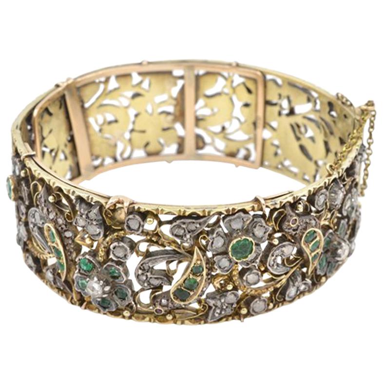 Victorian Bird and Flower Bangle Bracelet, 1870s For Sale