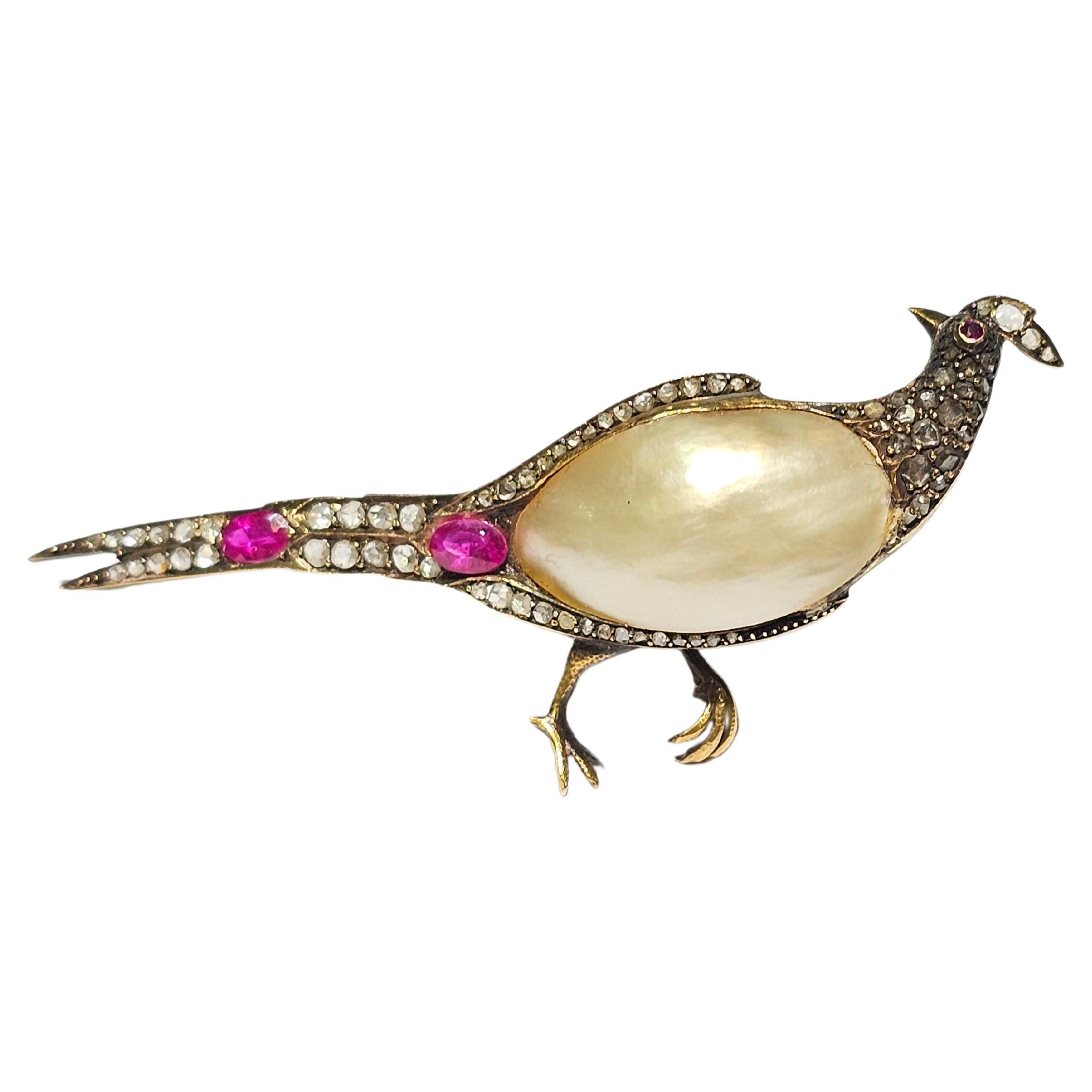 Victorian Pearl, Diamond, & Ruby Bird Brooch

An 18-karat gold bird motif brooch set with round cut diamonds, oval cut rubies, and a large mabe pearl

Measurements: 2.75