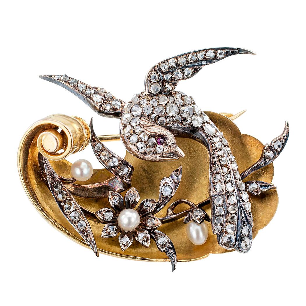 Rose Cut Victorian Bird Brooch Rose-Cut Diamonds Pearls Ruby Gold Silver