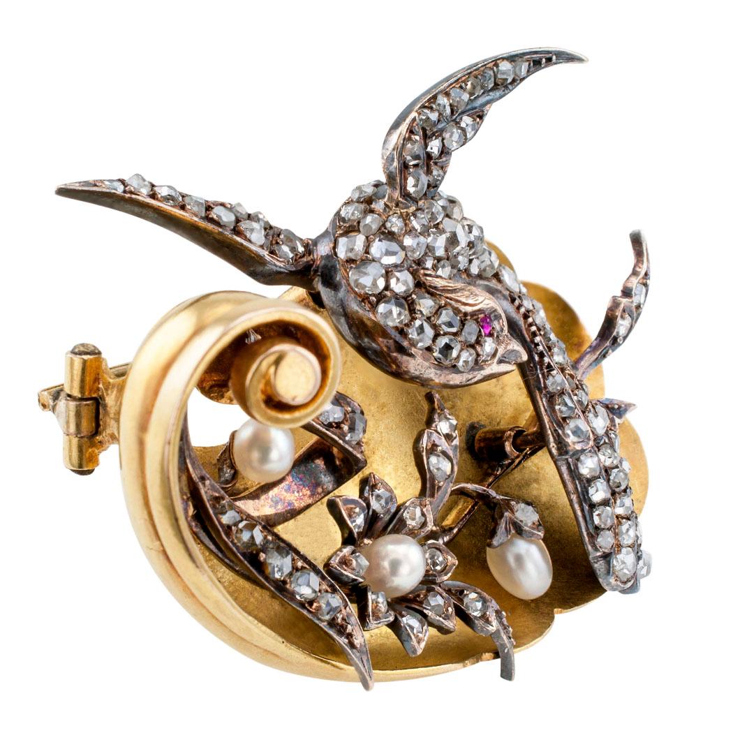 Victorian Bird Brooch Rose-Cut Diamonds Pearls Ruby Gold Silver In Good Condition In Los Angeles, CA