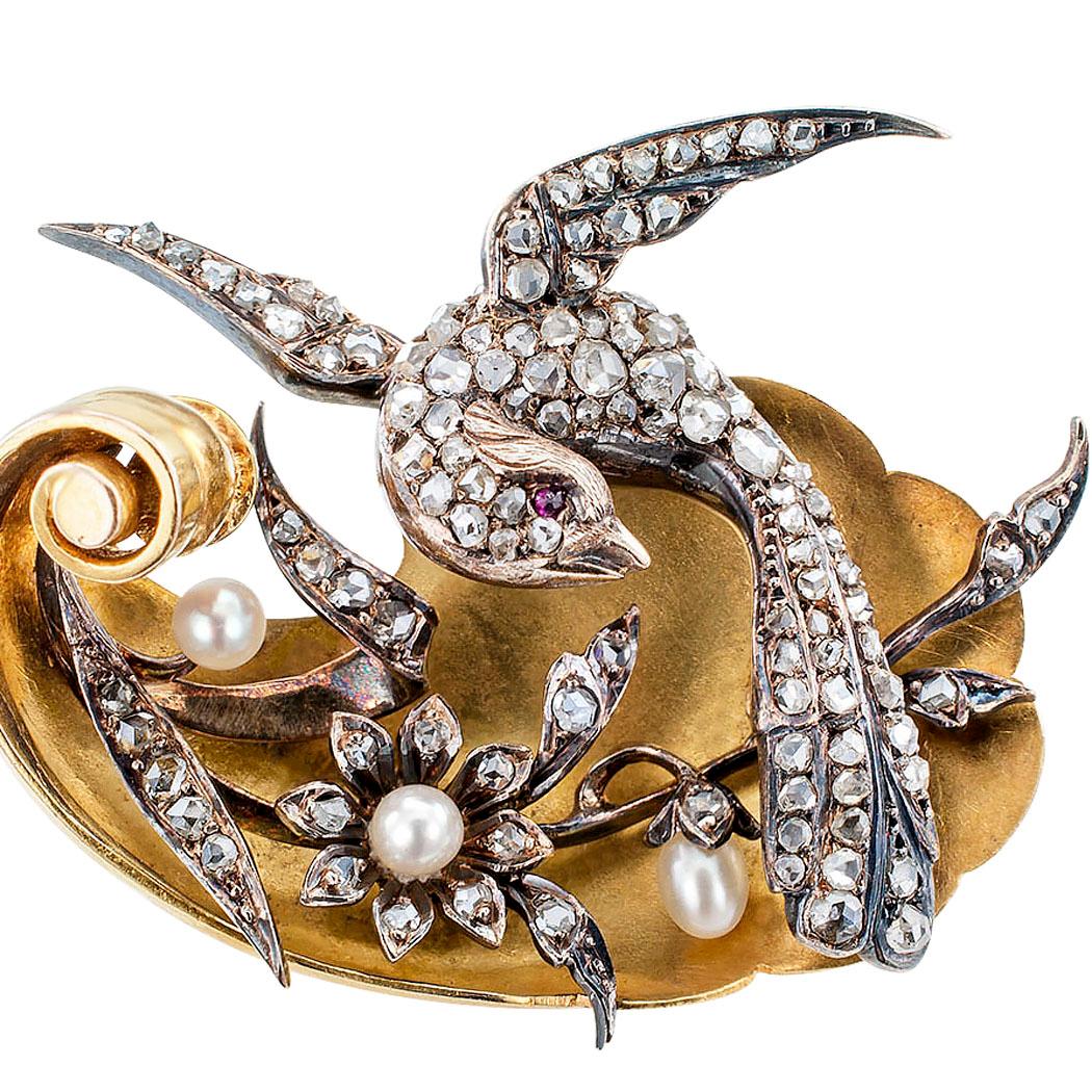 Victorian Bird Brooch Rose-Cut Diamonds Pearls Ruby Gold Silver 1