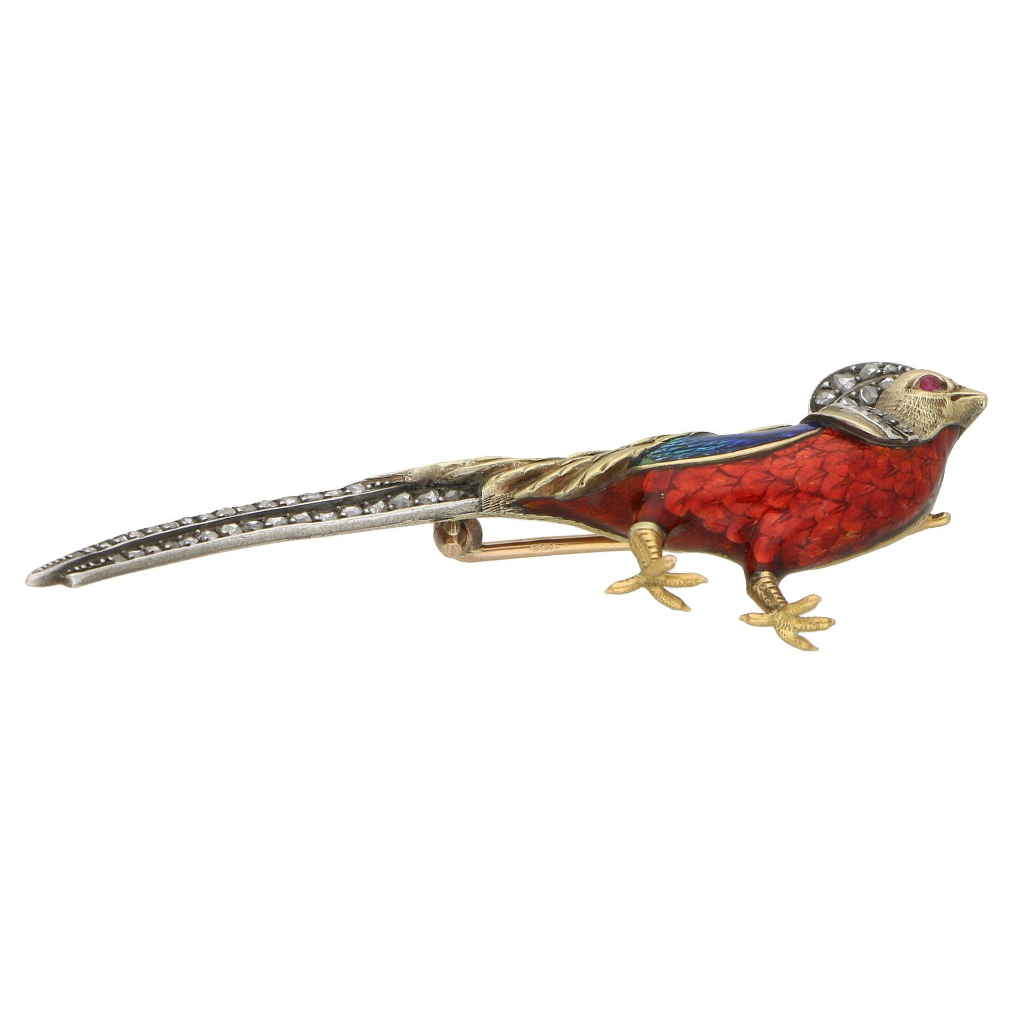 Victorian Rose Cut Diamond and Enamel Pheasant Brooch Set in Silver on Gold  In Good Condition In London, GB