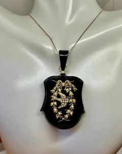 Victorian Bird Swallow Locket Necklace Flower Garland Ruby Pearl Gold Black Onyx