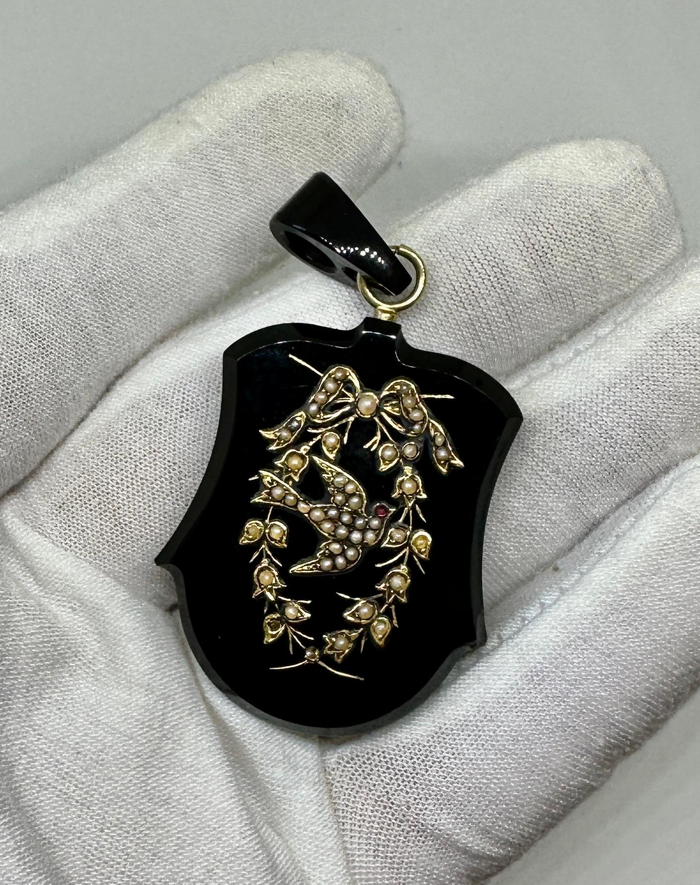 Bead Victorian Bird Swallow Locket Necklace Flower Garland Ruby Pearl Gold Black Onyx