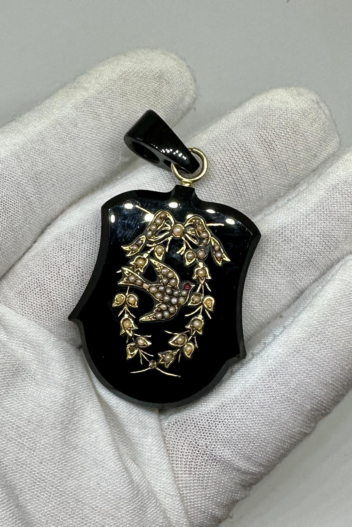 Victorian Bird Swallow Locket Necklace Flower Garland Ruby Pearl Gold Black Onyx 1