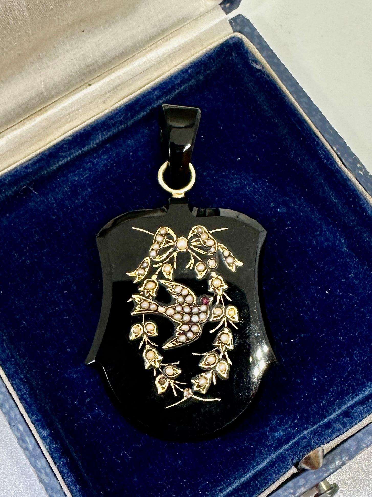 Victorian Bird Swallow Locket Necklace Flower Garland Ruby Pearl Gold Black Onyx 3