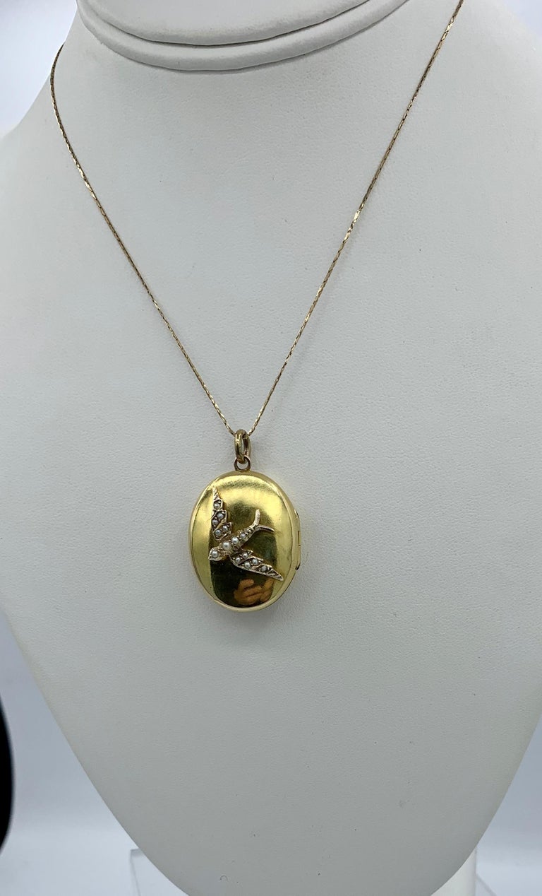 Bead Victorian Bird Swallow Locket Pendant Necklace Pearl 14 Karat Gold For Sale