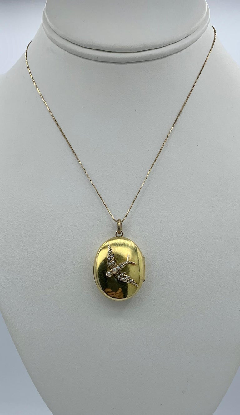 Women's Victorian Bird Swallow Locket Pendant Necklace Pearl 14 Karat Gold For Sale