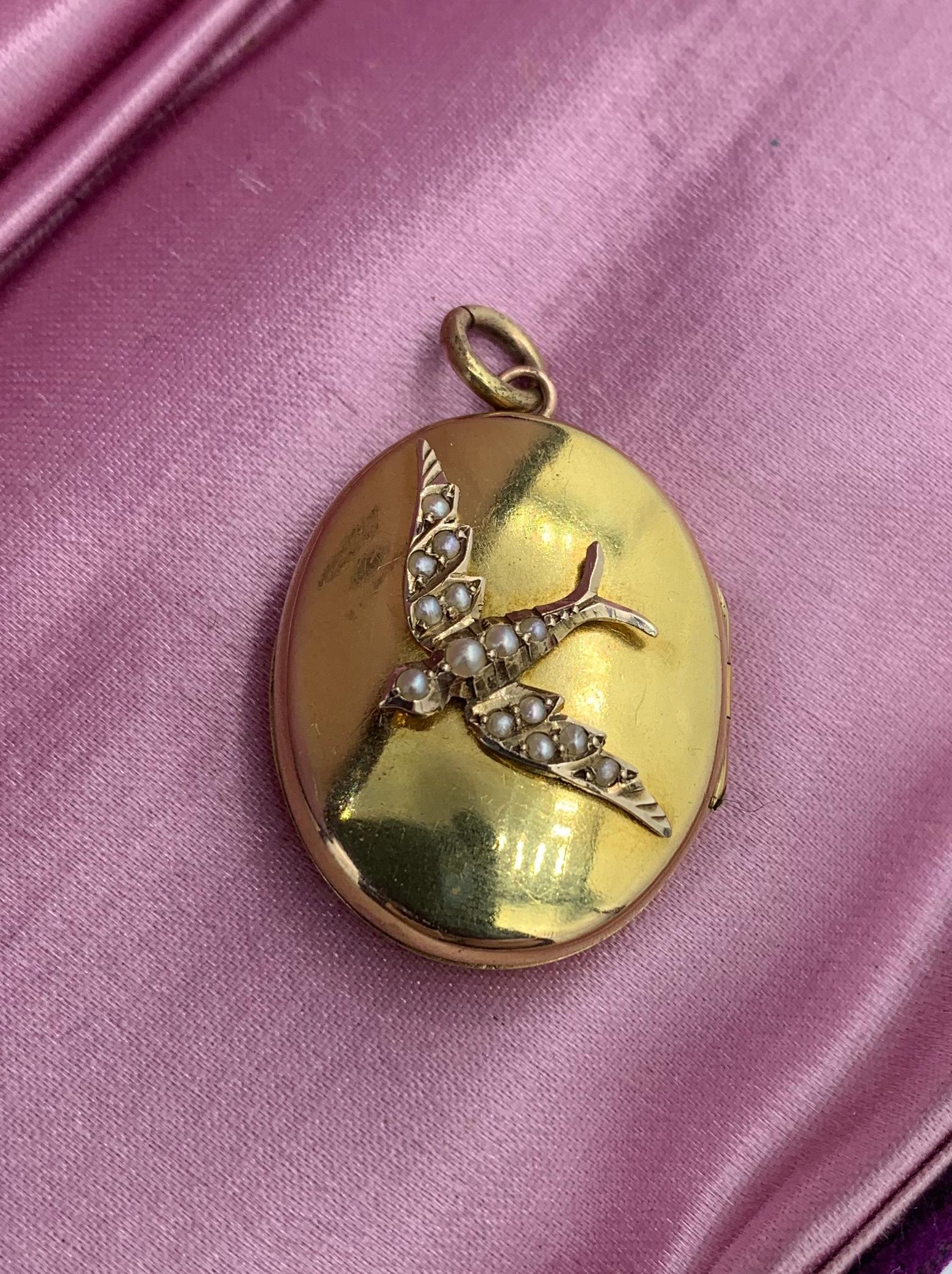Women's Victorian Bird Swallow Locket Pendant Necklace Pearl 14 Karat Gold