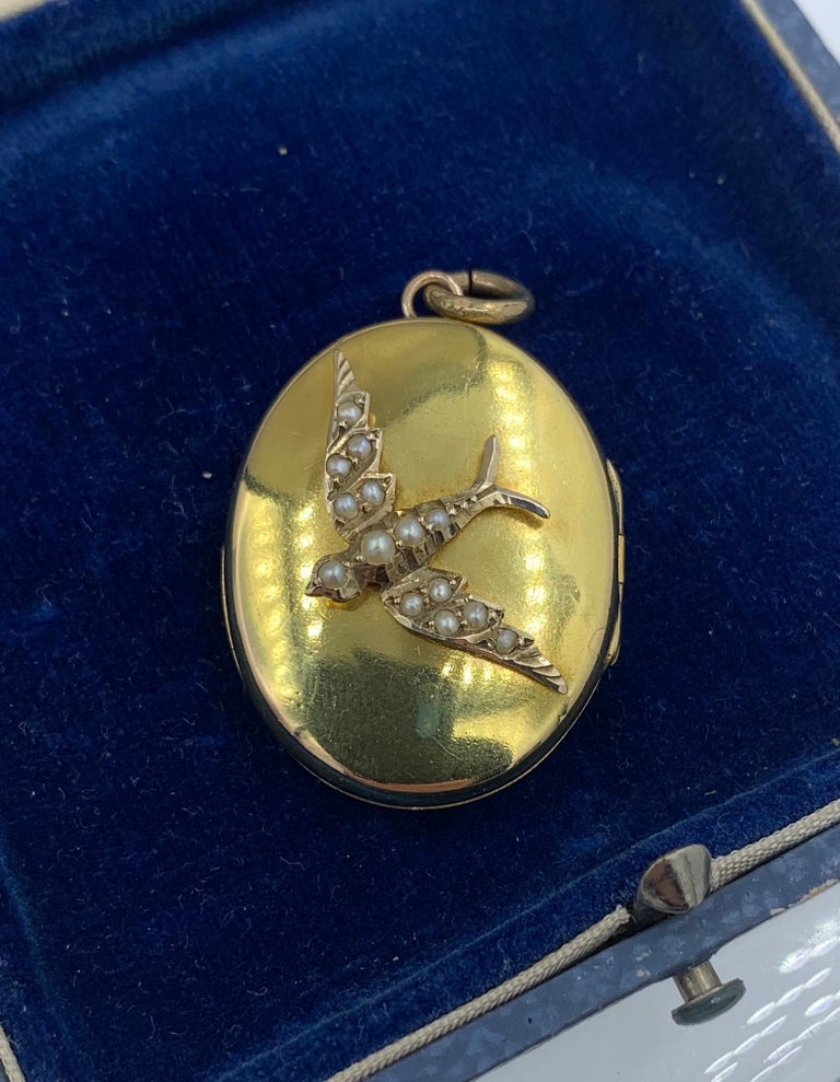 Victorian Bird Swallow Locket Pendant Necklace Pearl 14 Karat Gold For Sale 2