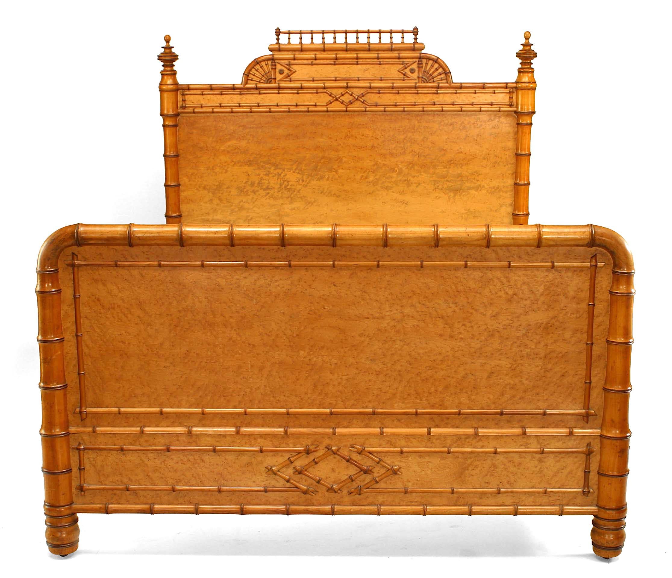 American Victorian faux bamboo full size birds eye maple bed with side finials and filigree pediment top on headboard (includes: headboard footboard and rails)
