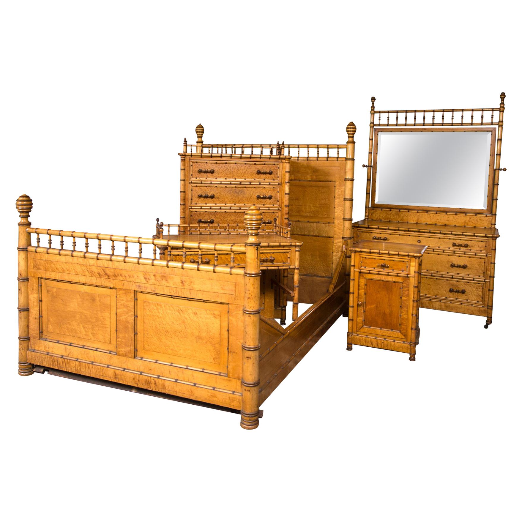 Victorian Bird's-Eye Maple 5 piece Bedroom Set in Bamboo style  