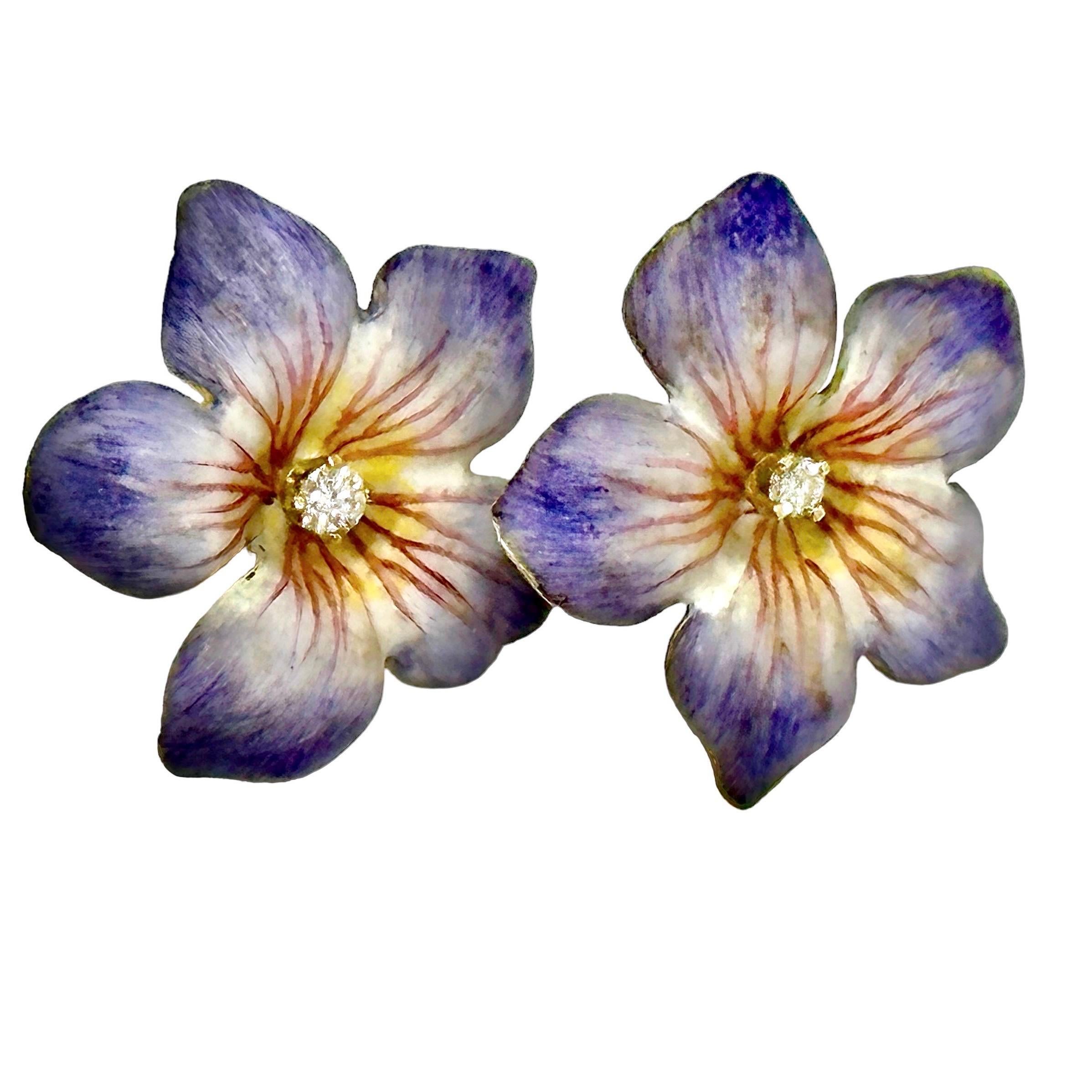 De las mujeres Pendientes Victorianos Bisque Esmalte sobre Oro Flor de Lavanda con Centros de Diamantes