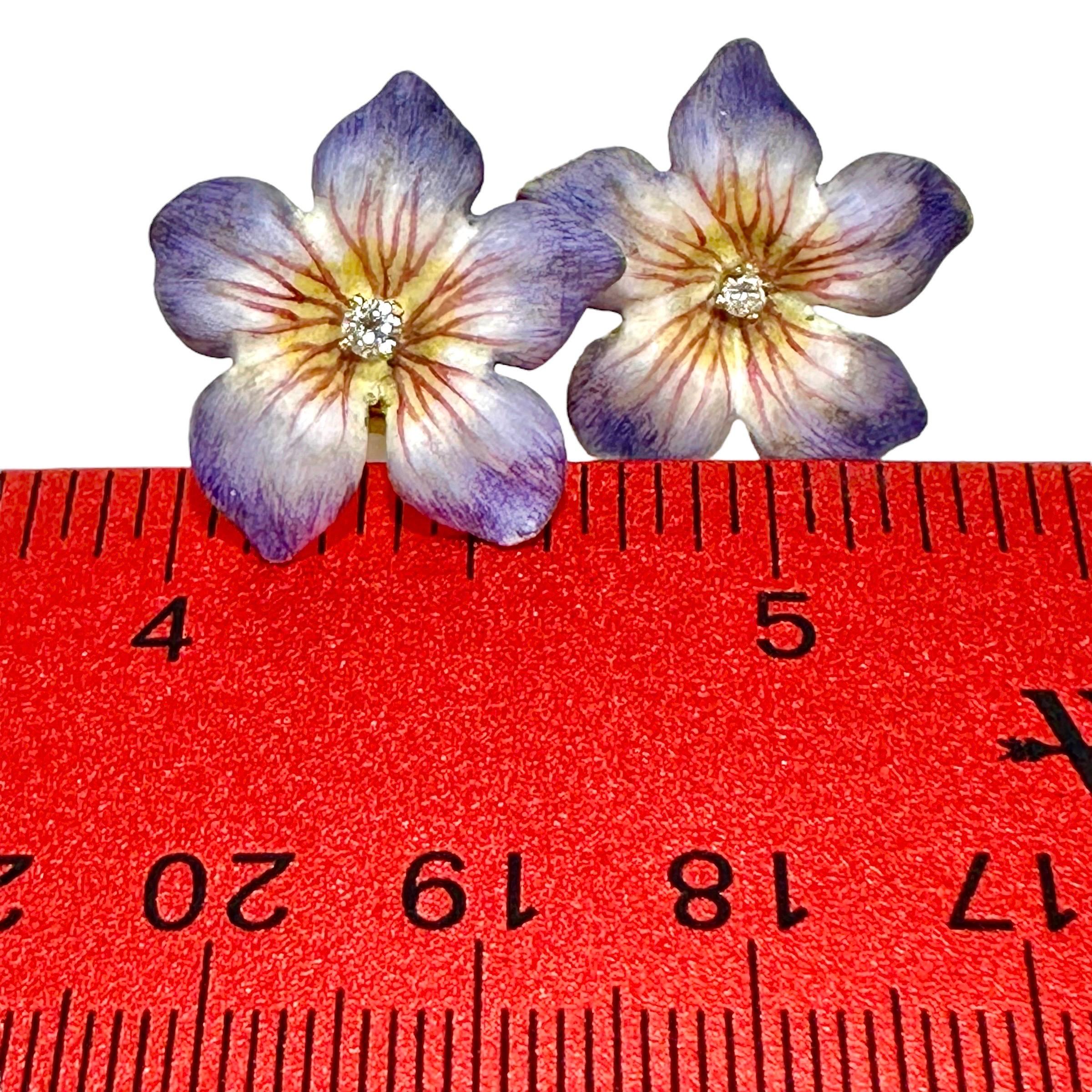 Pendientes Victorianos Bisque Esmalte sobre Oro Flor de Lavanda con Centros de Diamantes 1