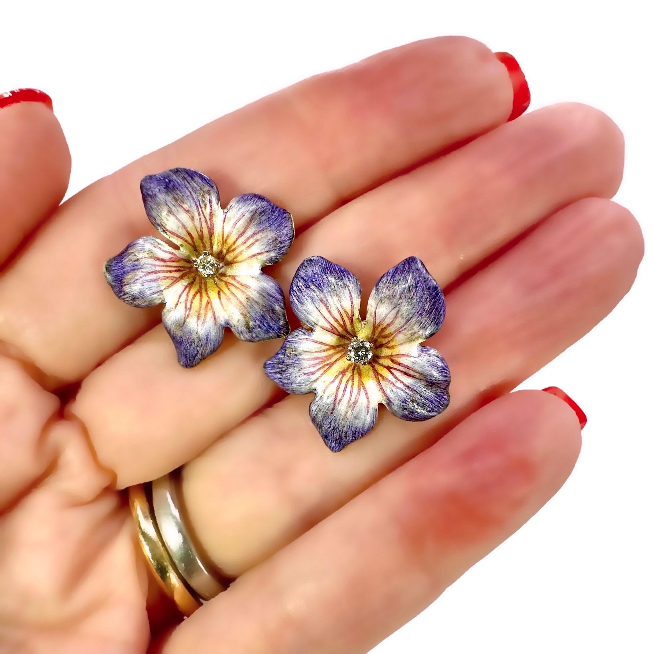 Pendientes Victorianos Bisque Esmalte sobre Oro Flor de Lavanda con Centros de Diamantes 2