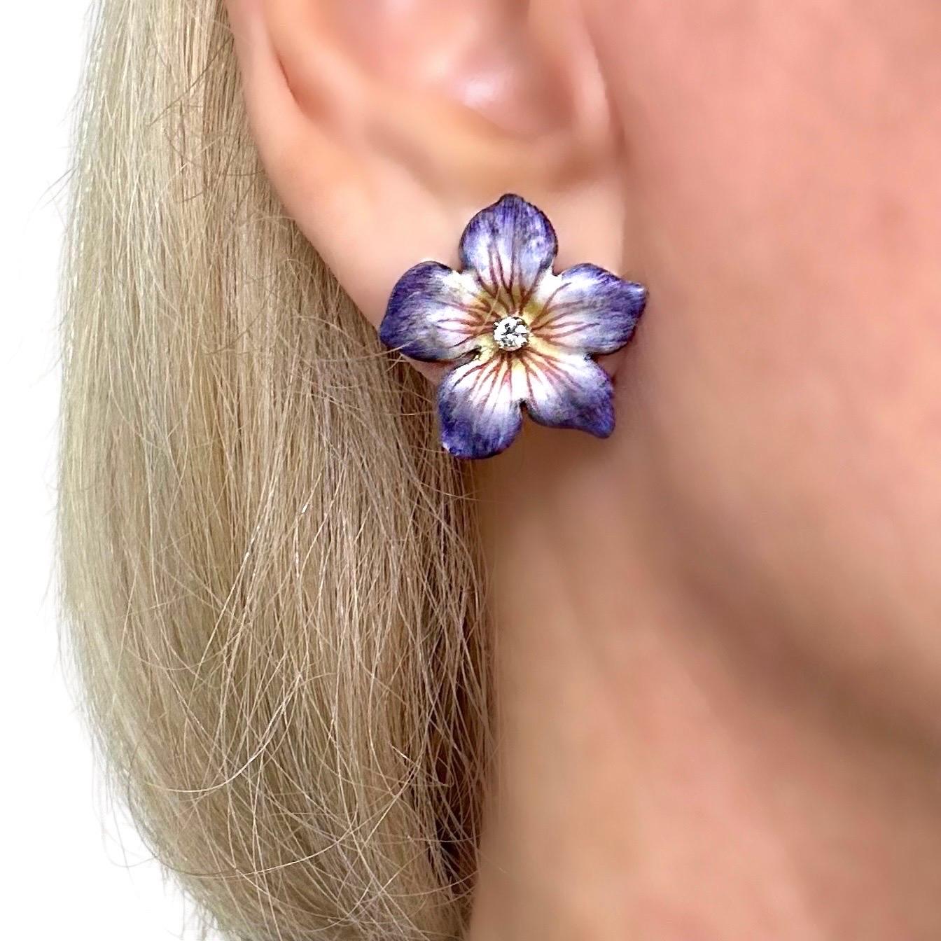 Pendientes Victorianos Bisque Esmalte sobre Oro Flor de Lavanda con Centros de Diamantes 3