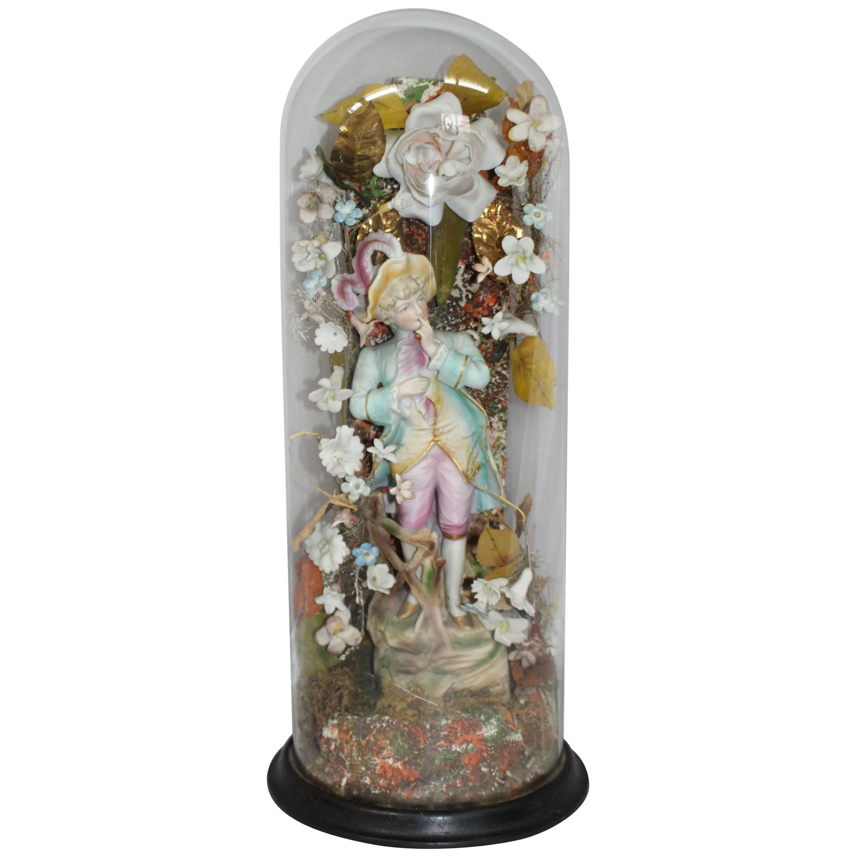 Victorian Bisque Figure Under Glass Dome For Sale