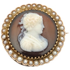 Antique Victorian Agate Cameo Seed Pearl Brooch