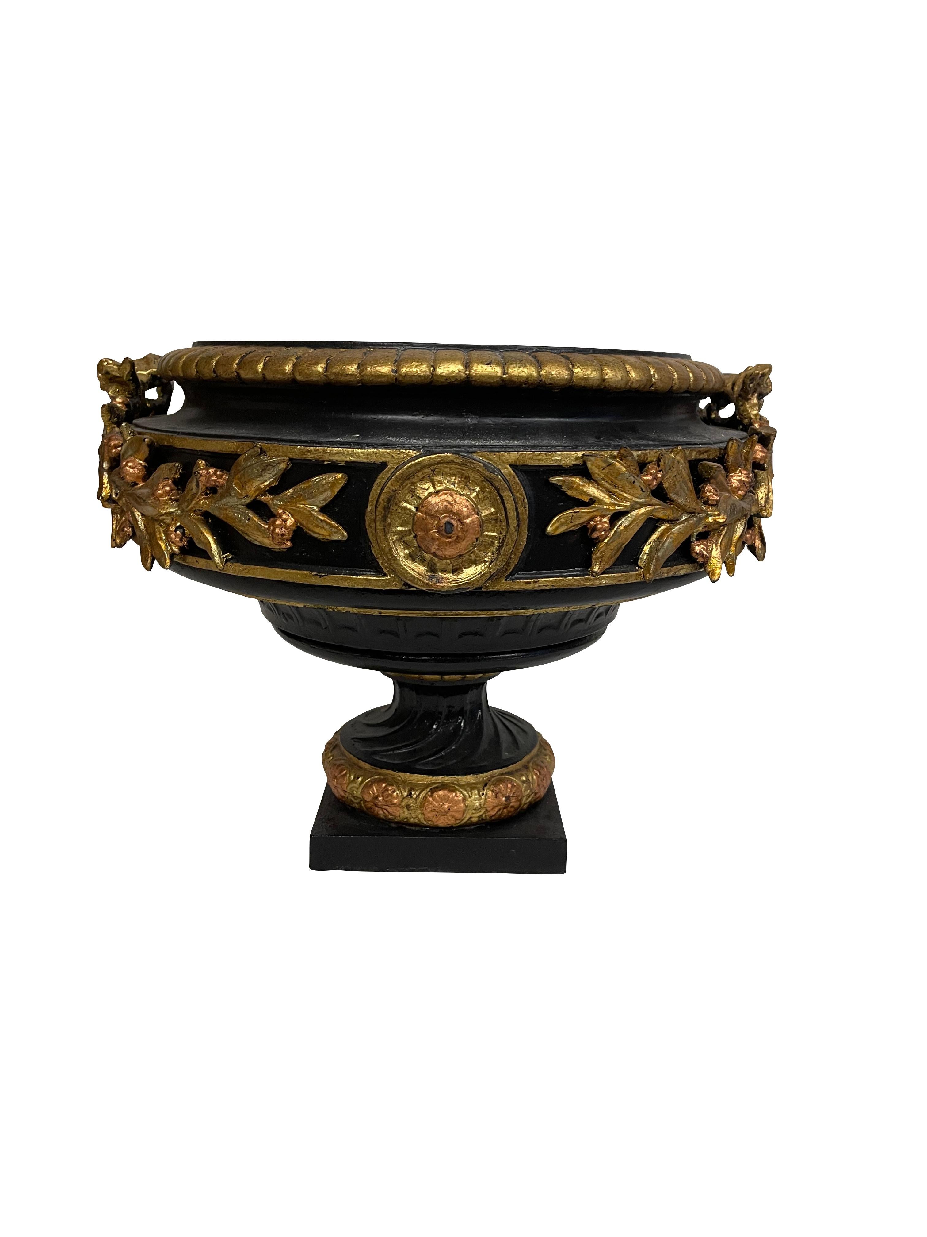 American Black and Gilt Cast Iron Urns/ Planters Neoclassical Style  For Sale