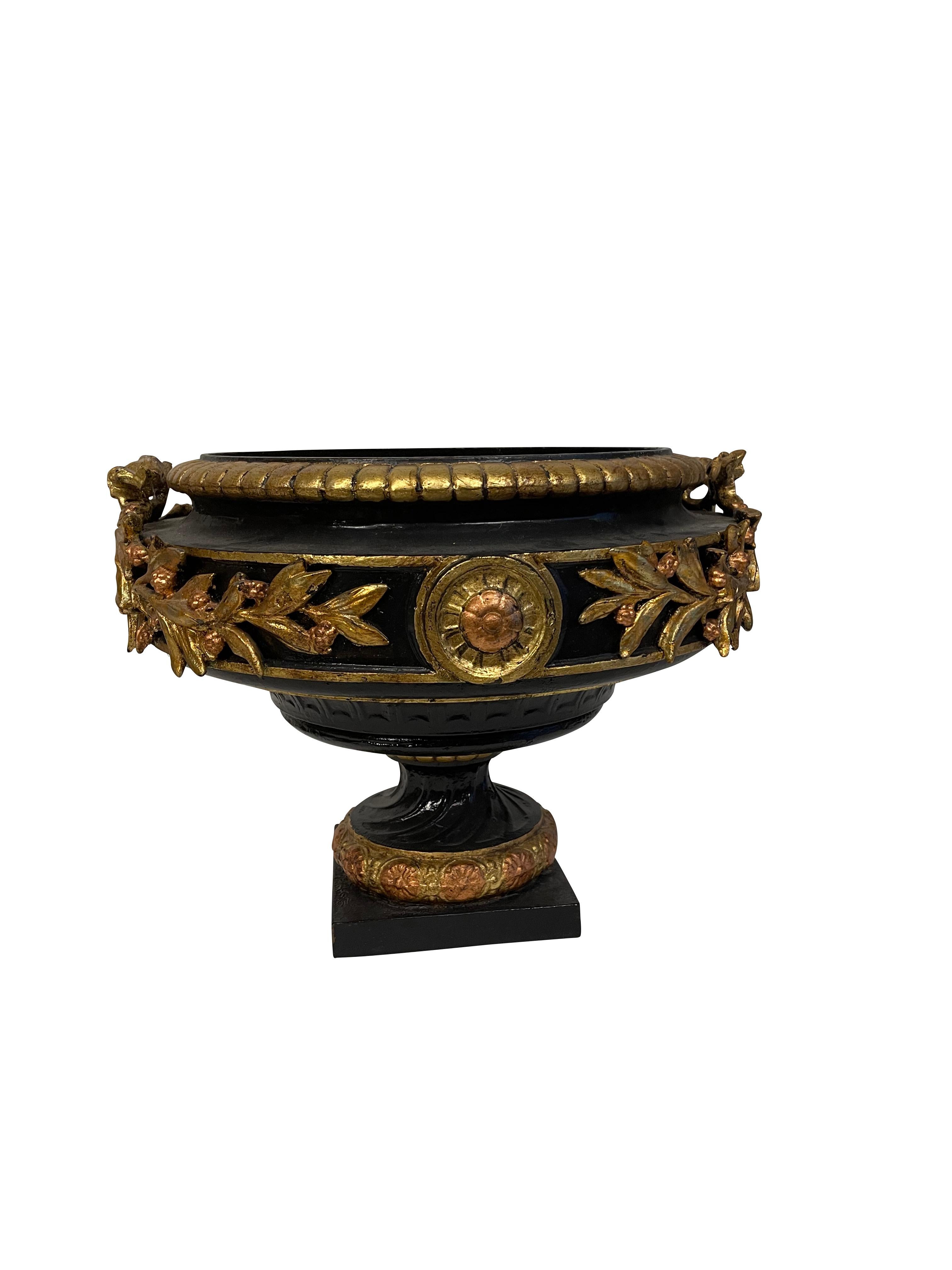 Black and Gilt Cast Iron Urns/ Planters Neoclassical Style  In Good Condition For Sale In Essex, MA