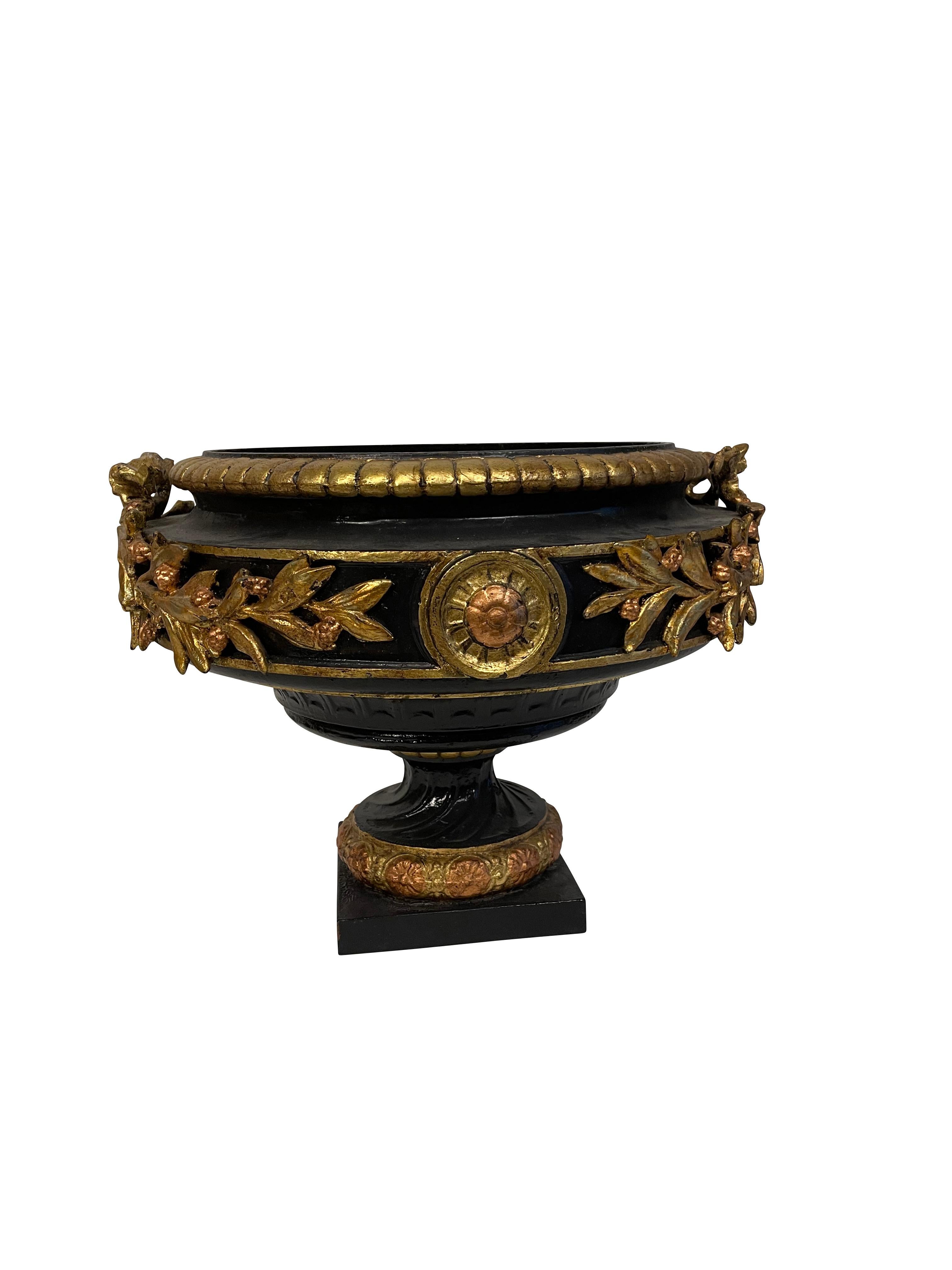 19th Century Black and Gilt Cast Iron Urns/ Planters Neoclassical Style  For Sale