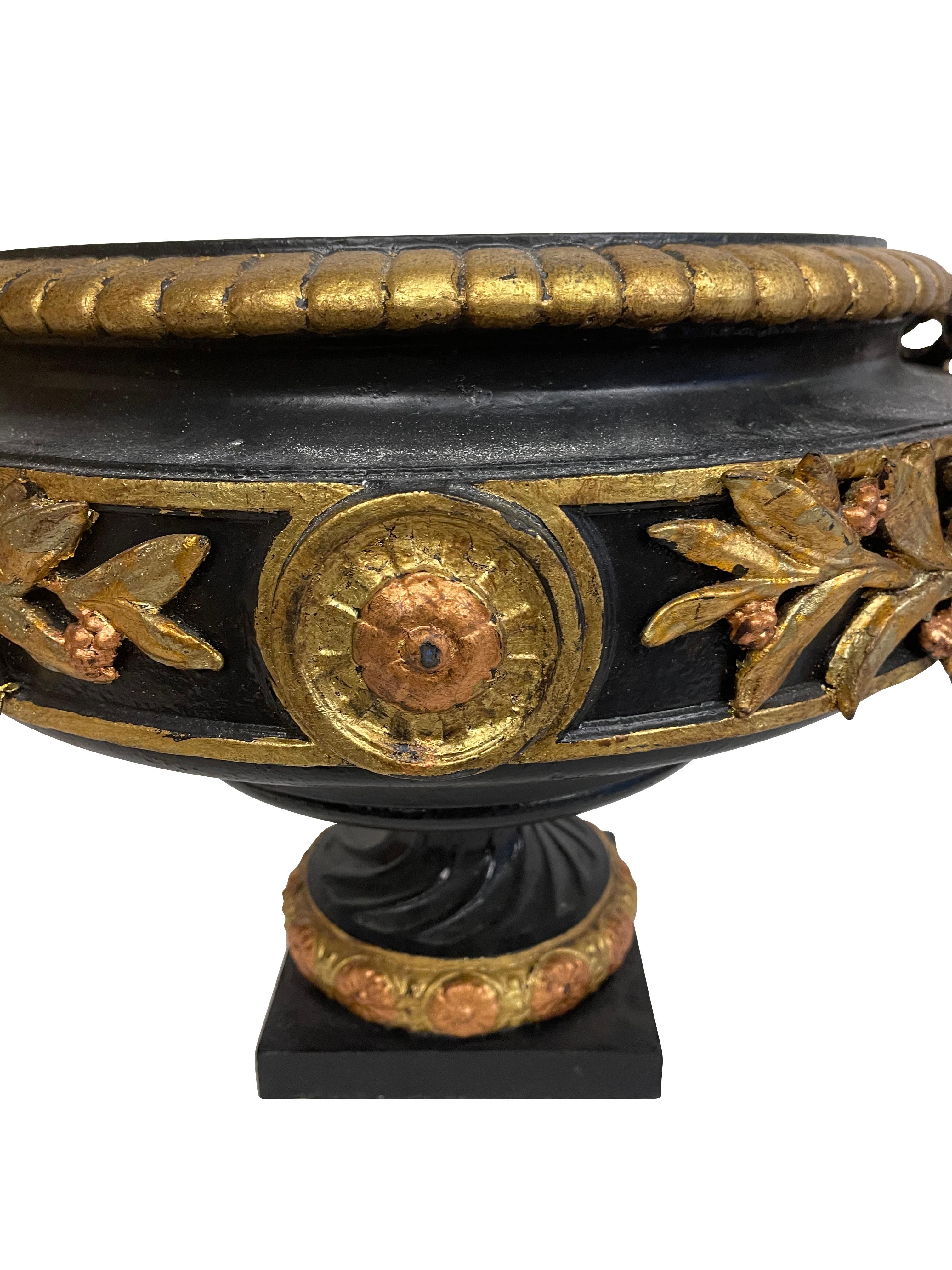 Black and Gilt Cast Iron Urns/ Planters Neoclassical Style  For Sale 2