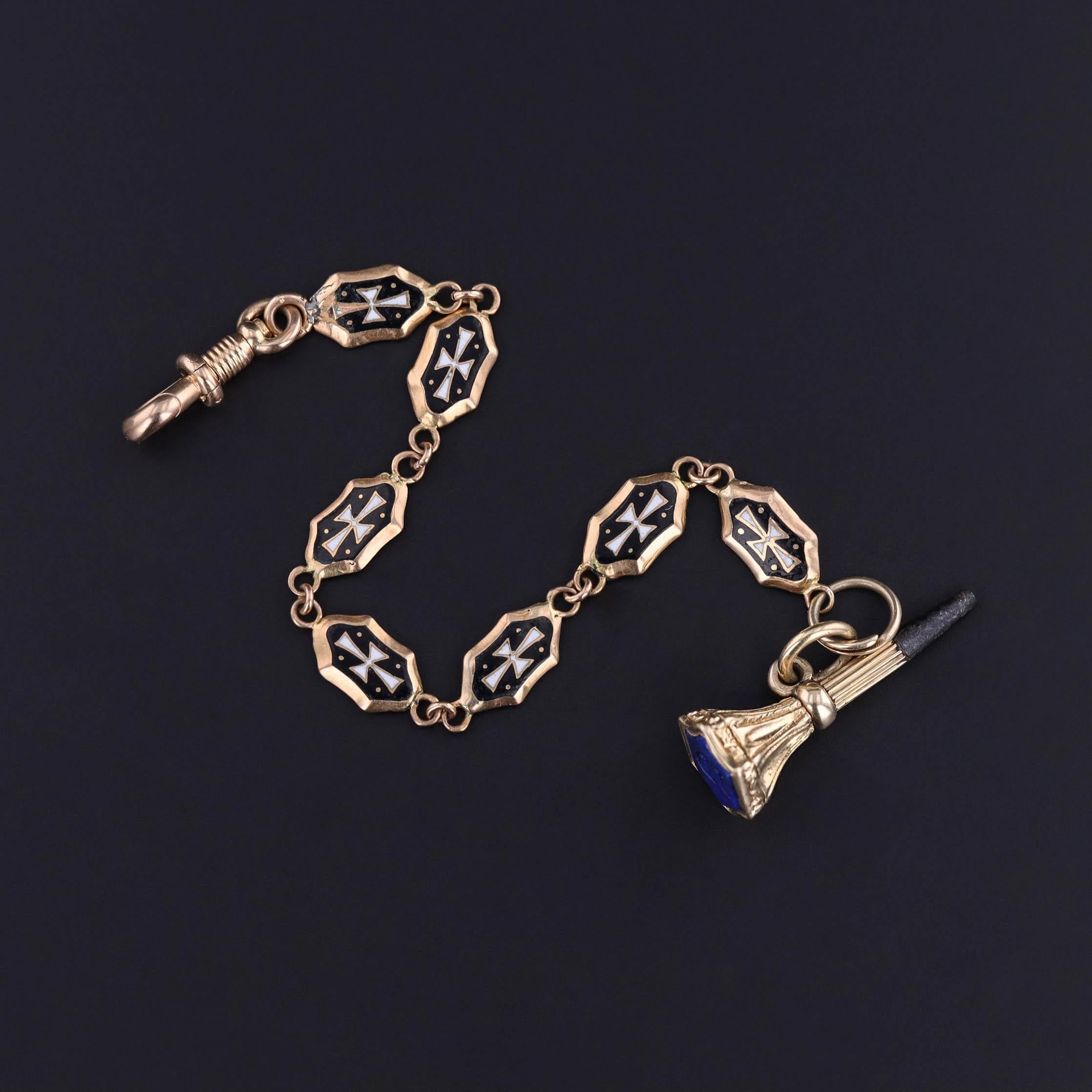 Uncut Victorian Black and White Enamel Watch Chain Extender For Sale