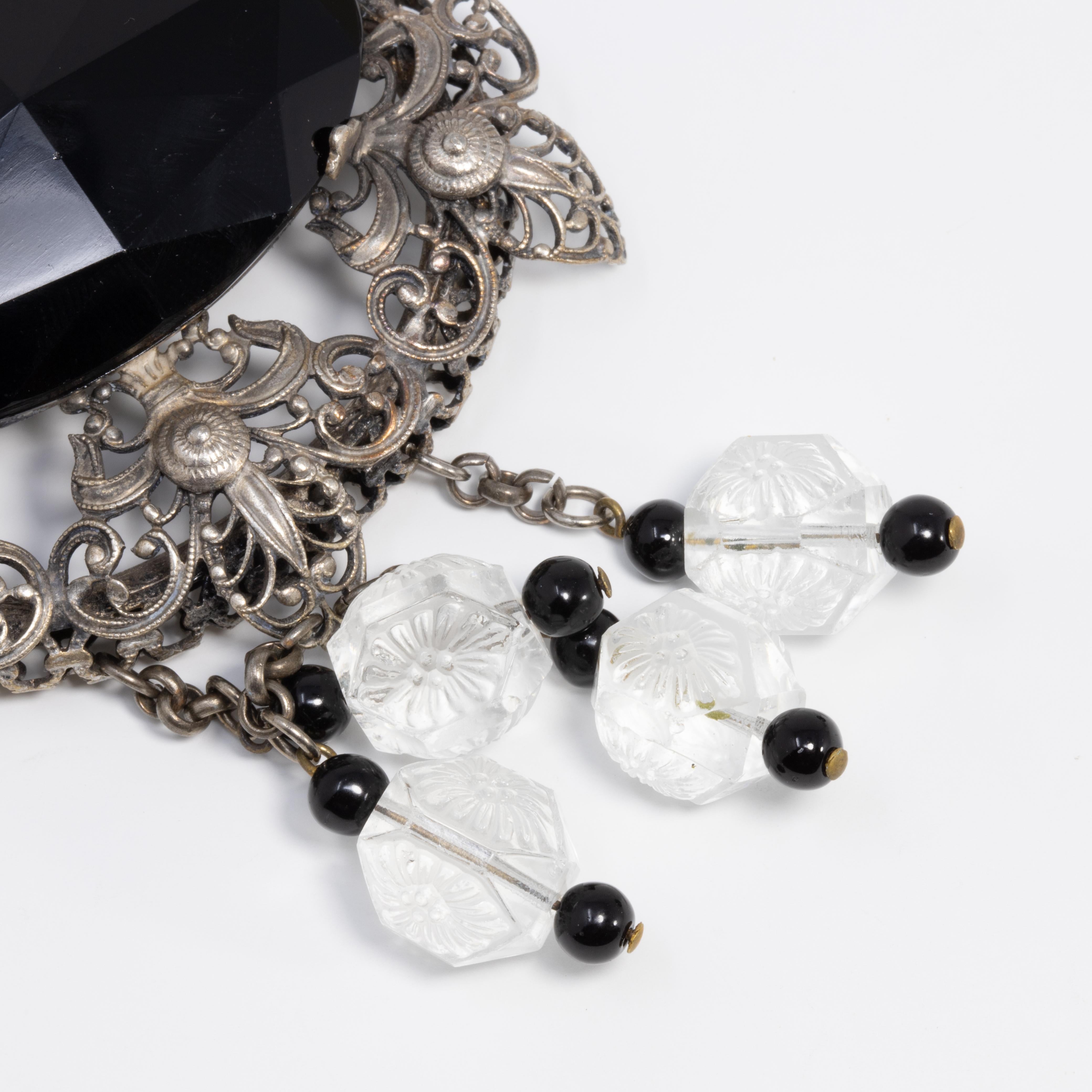 Victorian Black Centerpiece Stone with Dangling Quartz, Onyx, Signed JF In Good Condition For Sale In Milford, DE