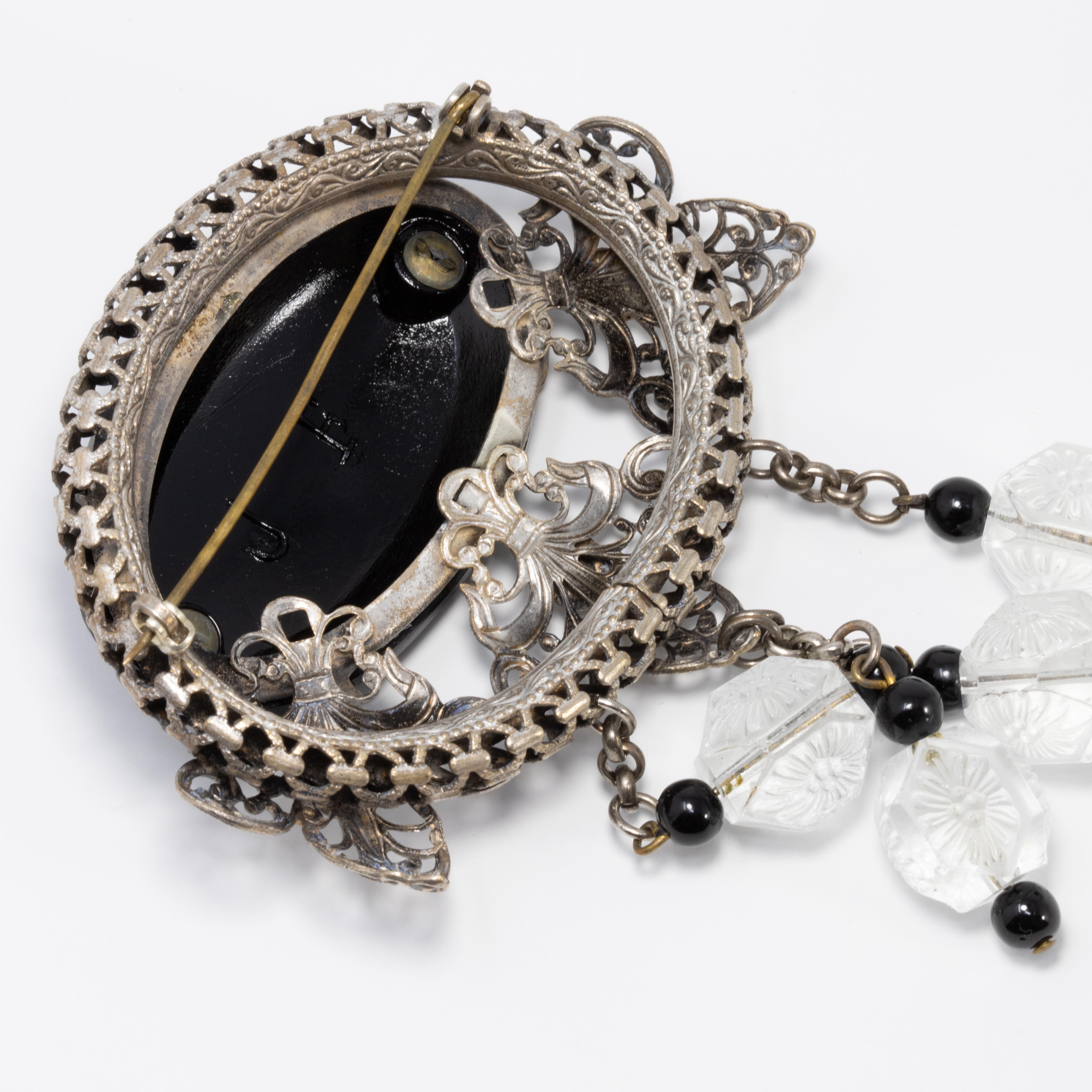 Women's Victorian Black Centerpiece Stone with Dangling Quartz, Onyx, Signed JF For Sale