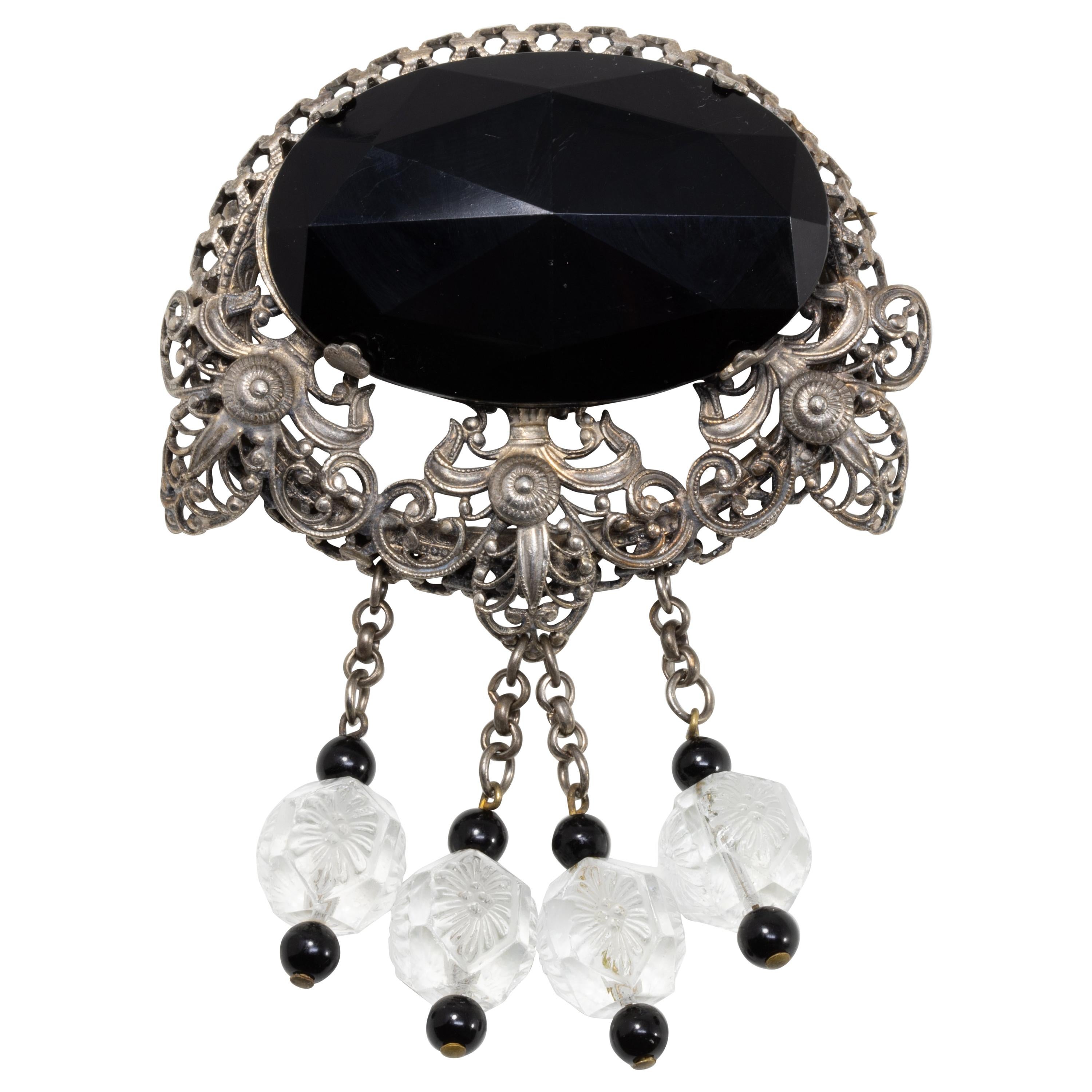 Victorian Black Centerpiece Stone with Dangling Quartz, Onyx, Signed JF For Sale