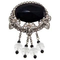 Victorian Black Centerpiece Stone with Dangling Quartz,Onyx, Signed JF