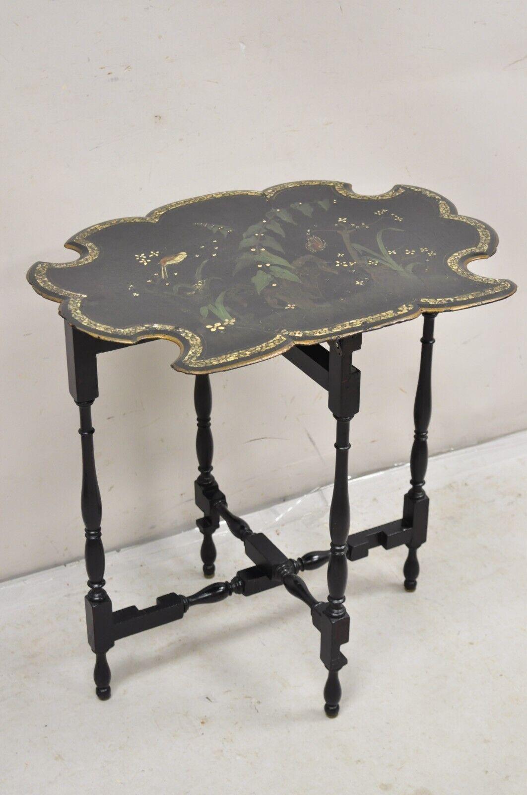 Victorian Black Ebonized Bird Painted Folding Side Table Mother of Pearl Inlay 7