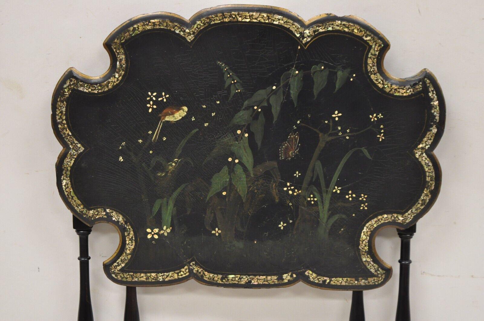 Victorian Black Ebonized Papier Mache Bird and Butterfly Painted Folding Side Table with Mother of Pearl Inlay Scalloped Top
Circa 19th Century.
Measurements: 
Open: 25