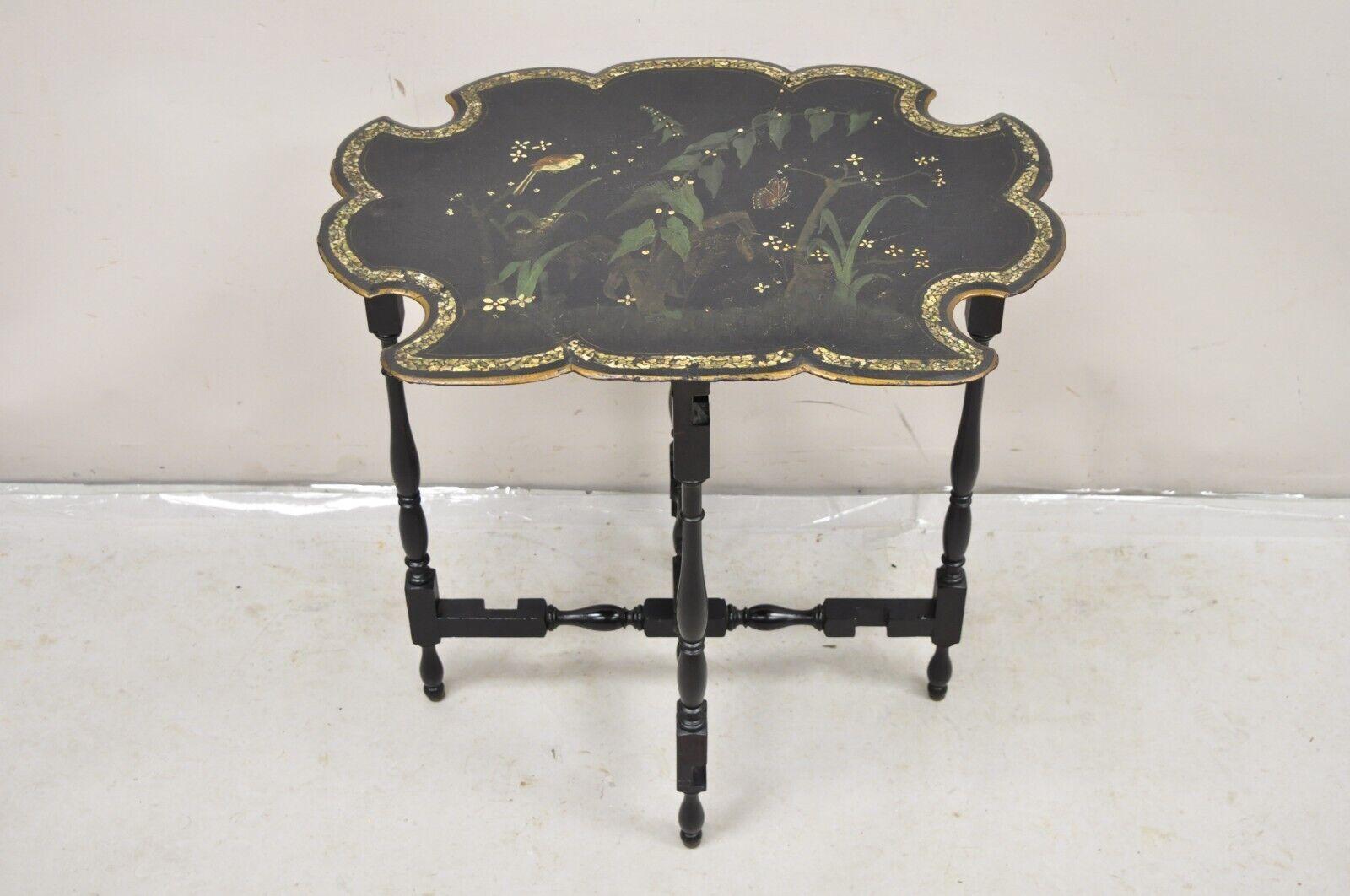Victorian Black Ebonized Bird Painted Folding Side Table Mother of Pearl Inlay In Good Condition In Philadelphia, PA
