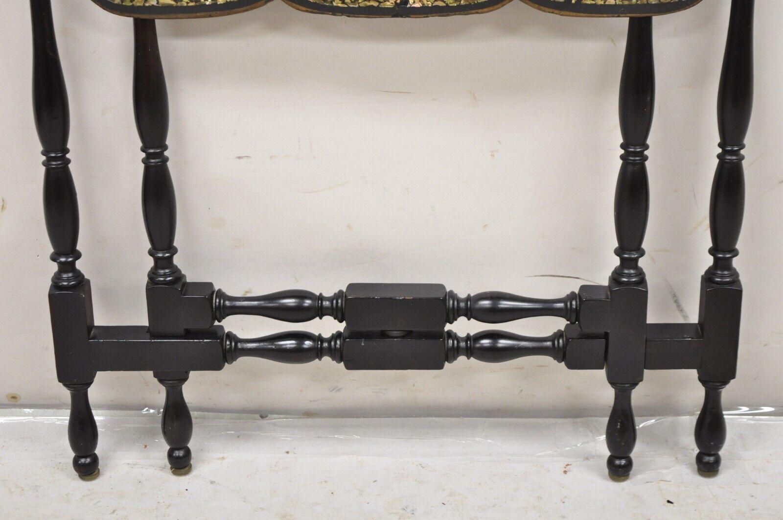 Mother-of-Pearl Victorian Black Ebonized Bird Painted Folding Side Table Mother of Pearl Inlay