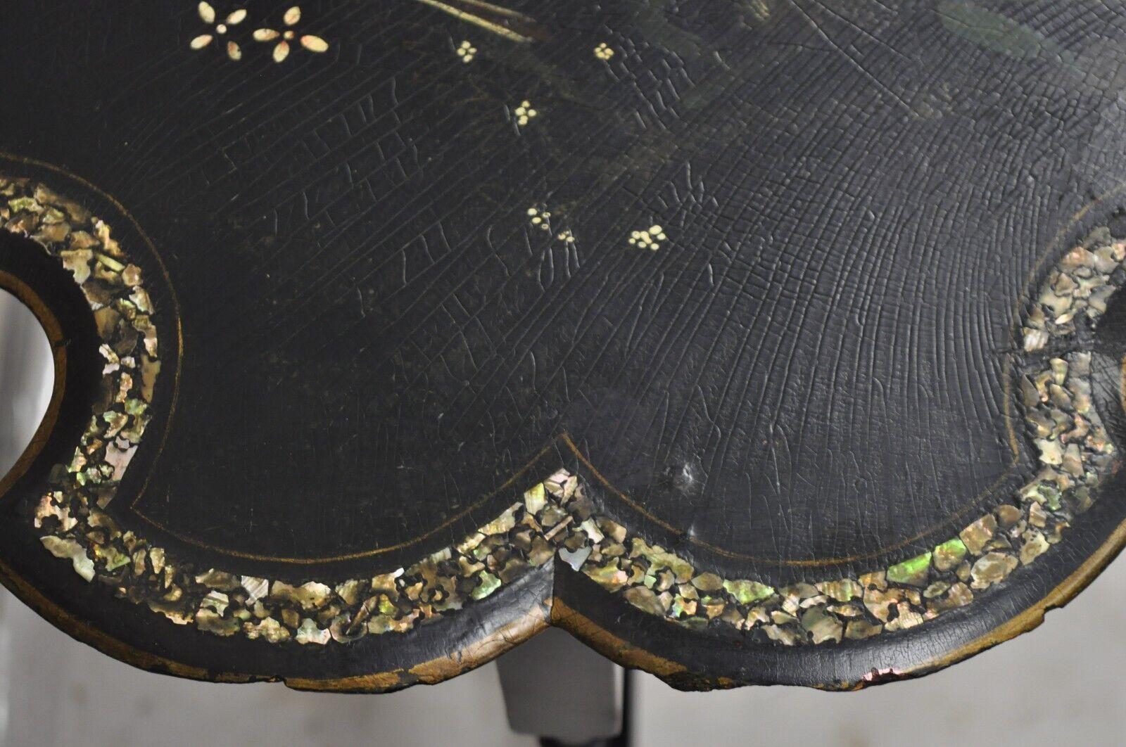 Victorian Black Ebonized Bird Painted Folding Side Table Mother of Pearl Inlay 4