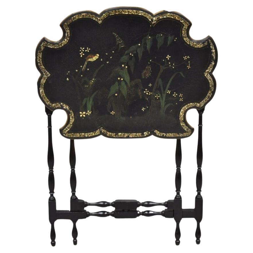 Victorian Black Ebonized Bird Painted Folding Side Table Mother of Pearl Inlay