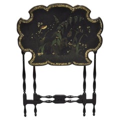 Antique Victorian Black Ebonized Bird Painted Folding Side Table Mother of Pearl Inlay