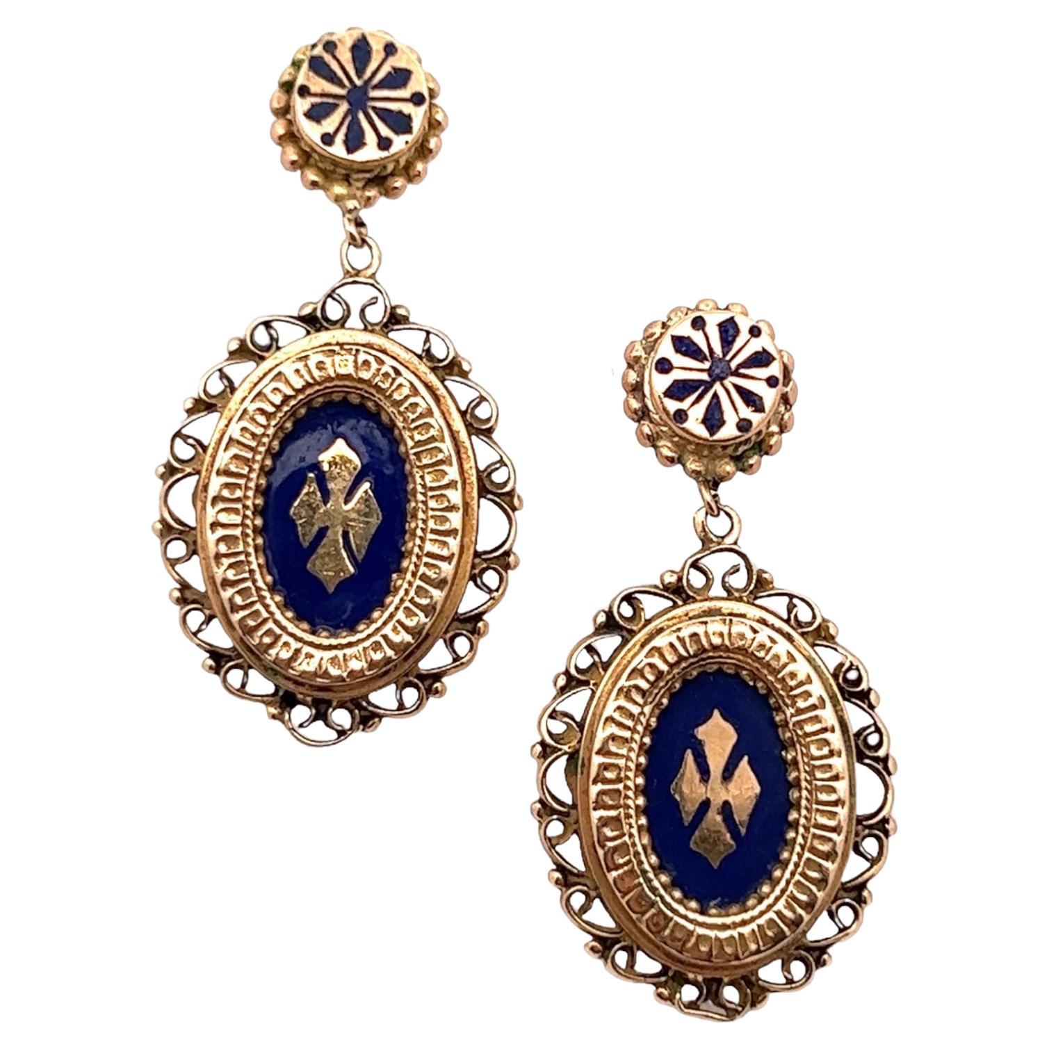 Victorian Black Enamel 14 Karat Yellow Gold Drop Vintage Estate Earrings  For Sale