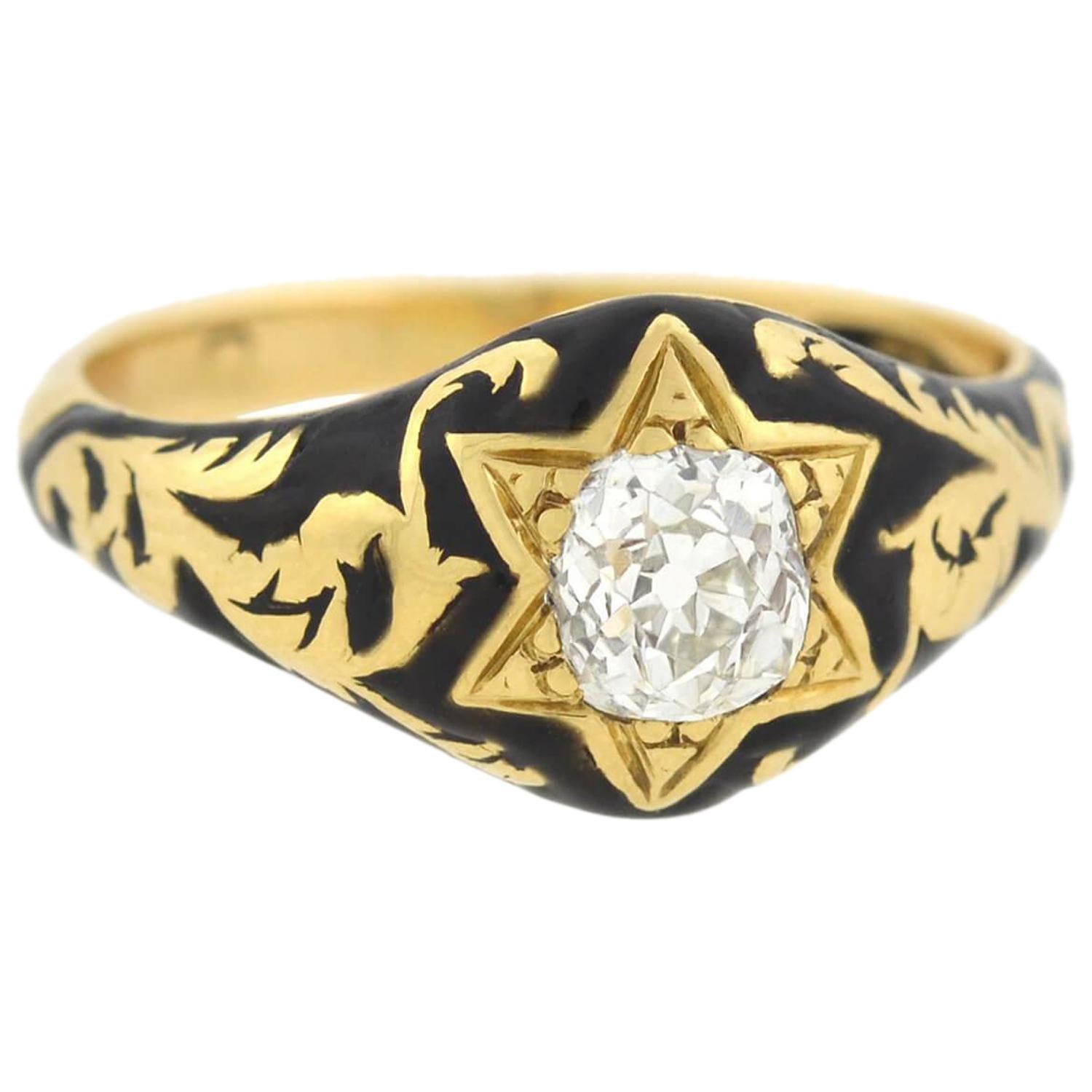 Victorian Black Enamel and 0.65 Carat Diamond Ring