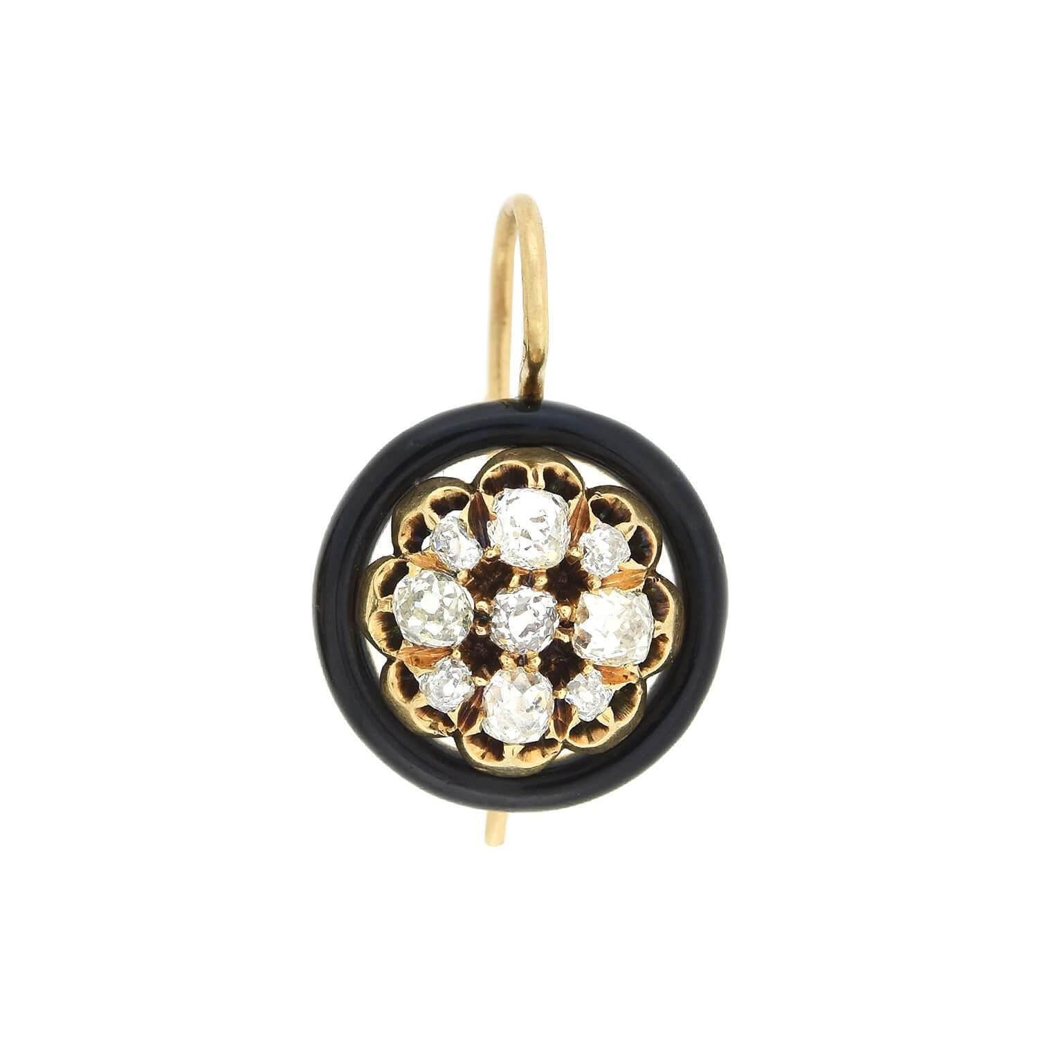A gorgeous pair of diamond earrings from the Victorian (1880s) era! Crafted in 14kt yellow gold, these stunning earrings display a sparkling cluster of old Mine Cut diamonds framed by a border of deep black enameling. The clustered stones alternate