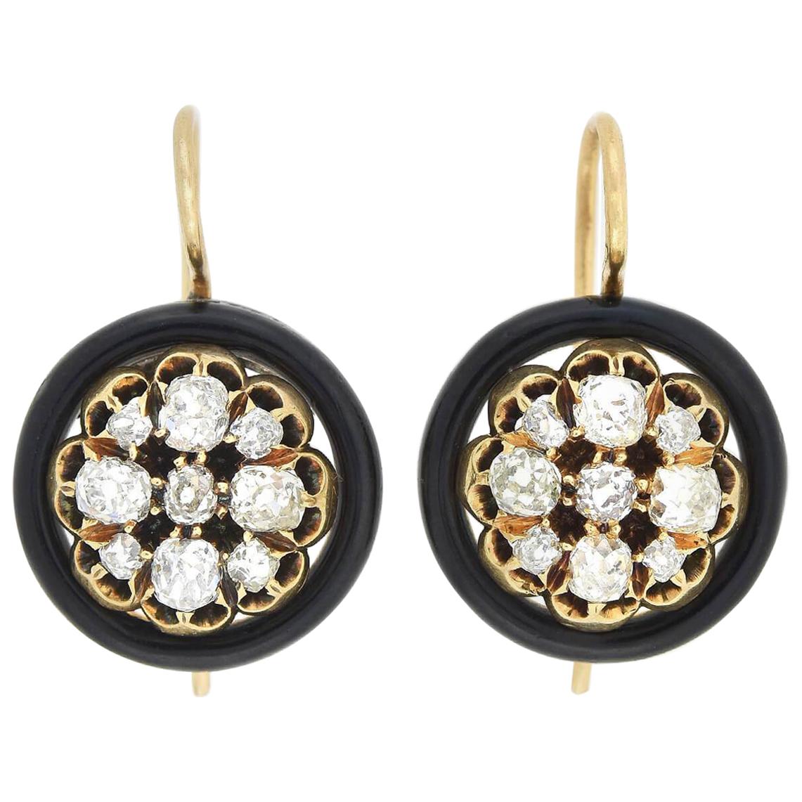 Victorian Black Enamel and Diamond Cluster Earrings 1.30 Total Carat