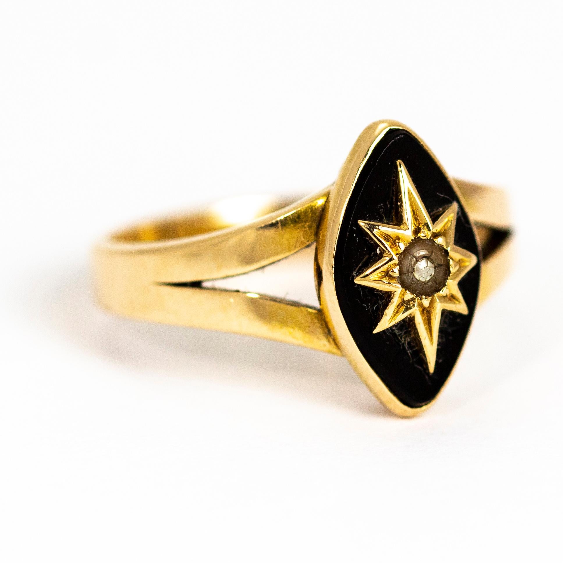 Victorian Black Enamel and Pearl 18 Karat Gold Navette Morning Ring In Good Condition In Chipping Campden, GB