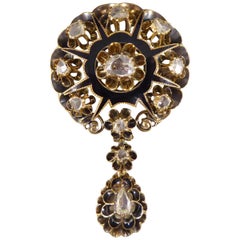 Antique Victorian Black Enamel and Rose Cut Diamond Mourning Pendant Brooch, C1860